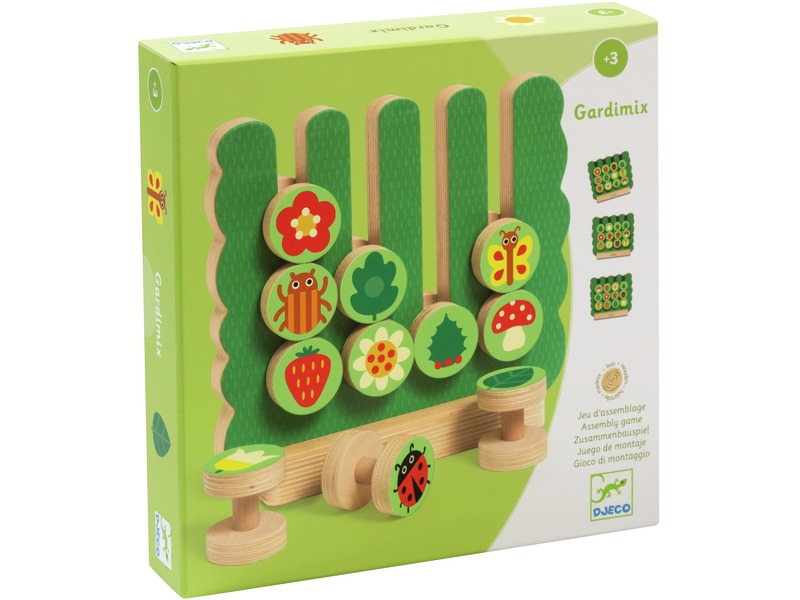Beobachtungsspiel Gardimix aus Holz, 12 Teile und 10 Vorlagekarten, ab 3 Jahren