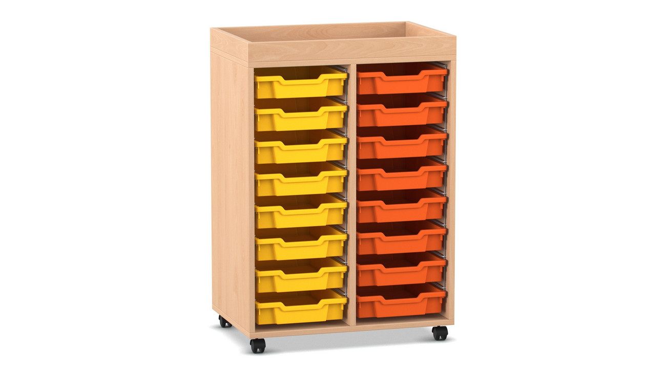 Flexeo Regal PRO, Buche hell, 2 Reihen, HxBxT: 105, 6 x 73 x 48 cm, 16 kleine Boxen bunt A, Aufkantung, Rollen