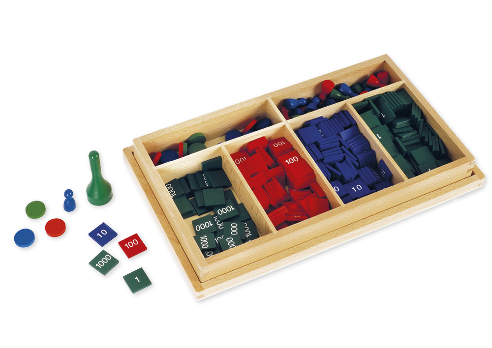 Montessori Markenspiel mit Zahlenplättchen, Spielfiguren und Chips