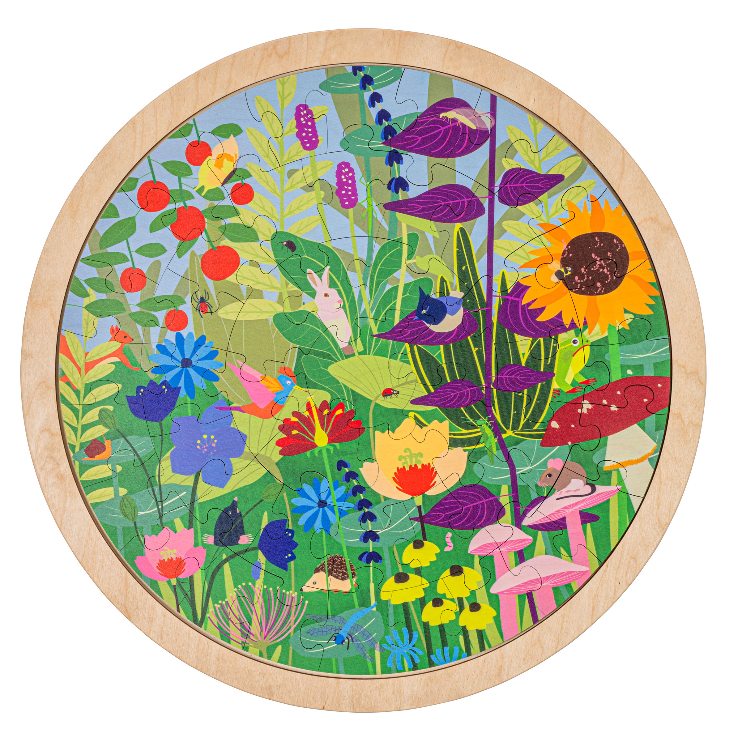 Puzzle Lebensräume Garten aus Holz – 49 Teile, rundes Format