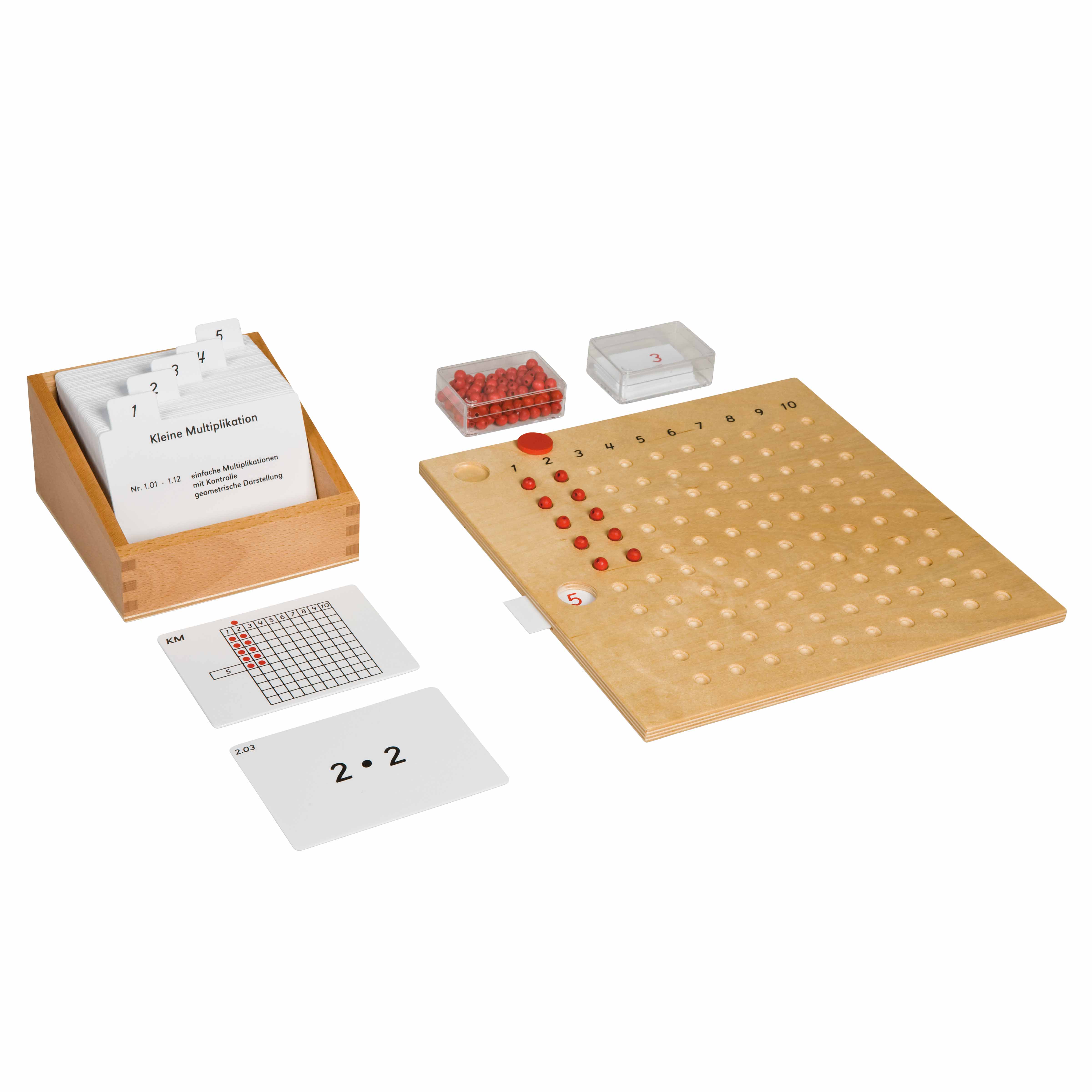 Kasten mit Aufgabenkarten für das kleine Multiplikationsbrett - Montessori Mathematik