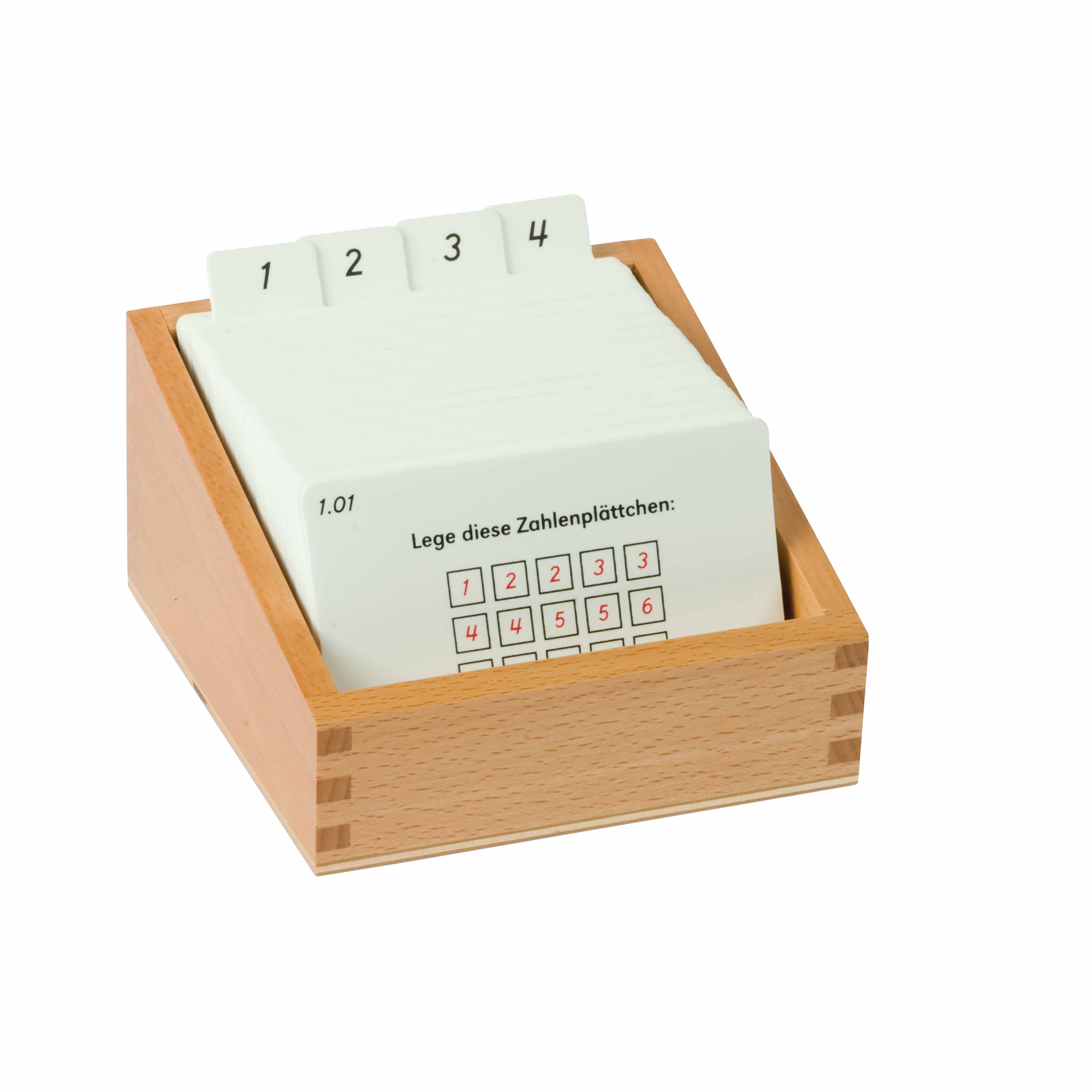Kasten mit Aufgabenkarten für das Pythagorasbrett - Montessori Mathematik