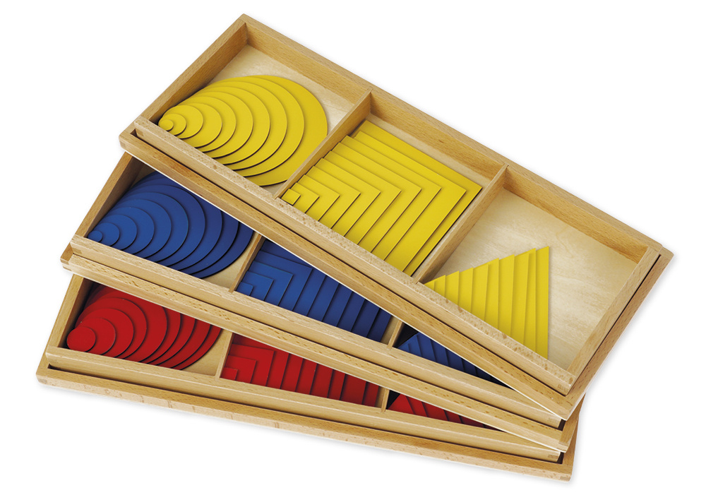 Montessori Satz Kreise, Dreiecke und Quadrate, 3 Holzkästen