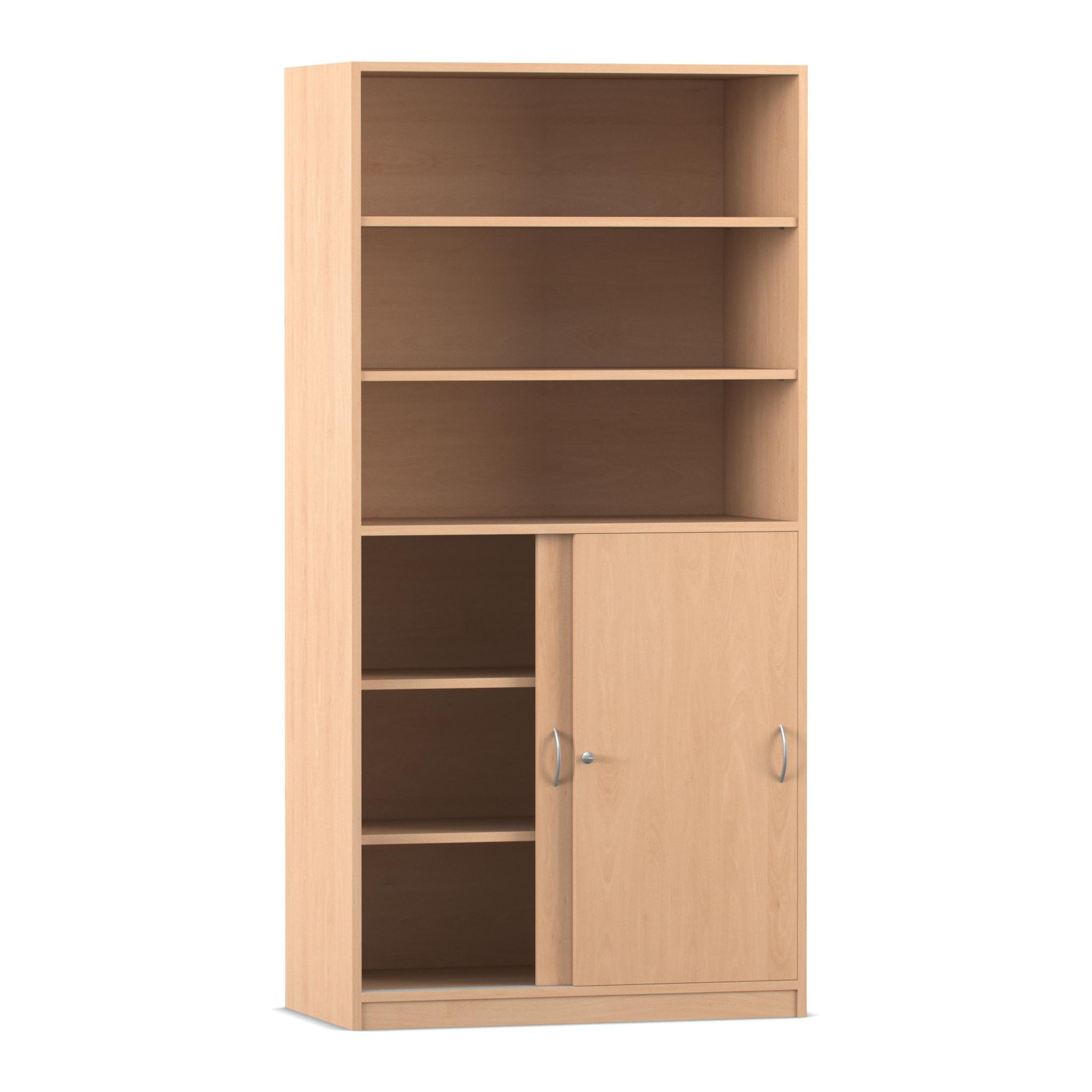Flexeo Schiebetürenschrank mit 6 Fächern und zwei Türen unten, Buche hell, Tiefe 38 cm