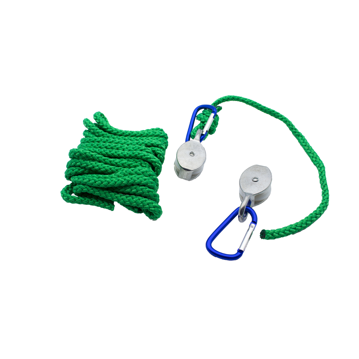 Flaschenzug, 2 Karabiner, 2 Rollen und 5 m Seil, belastbar bis 15 kg, ab 5 Jahre