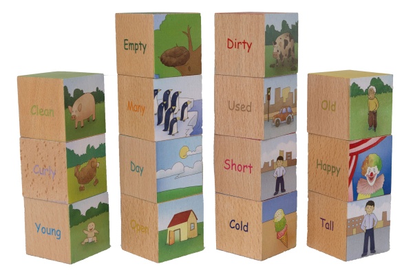 Holzbausteine-Set, Gegensätze, englisch, 16-teilig