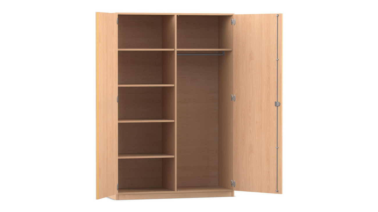 Flexeo® Garderobenschrank mit einer Garderobe und 6 Fächern, Buche hell, 50 cm Tiefe, Bogengriff mit Schloss