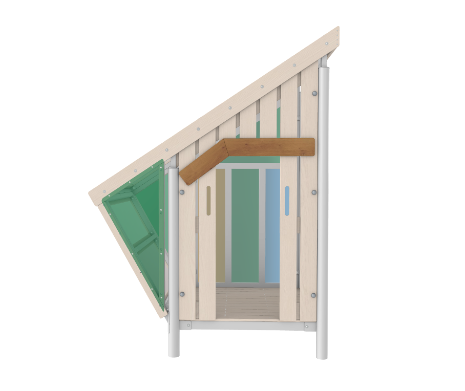 Regenbogen-Spielhaus, auf Stelzen, mit bunten XXL-Fenstern, aus Stahl und Holz, Outdoor