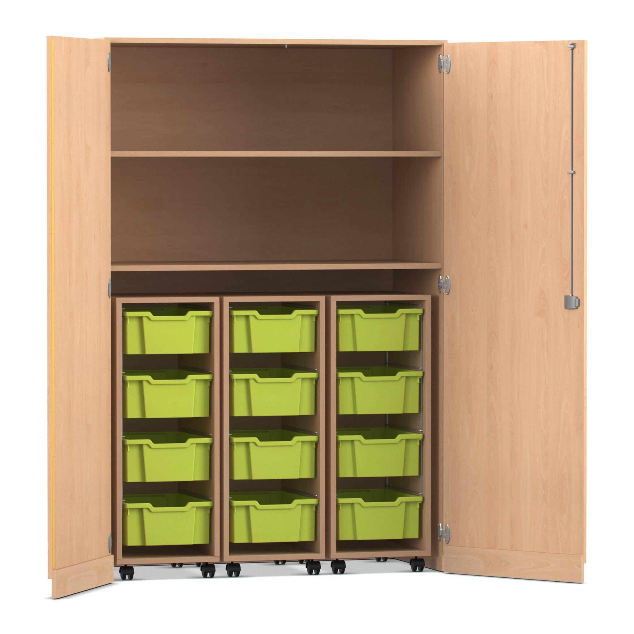 Flexeo® Garagenschrank PRO, Buche hell, 3 Rollcontainer, 12 Boxen hellgrün, Bogengriff mit Schloss