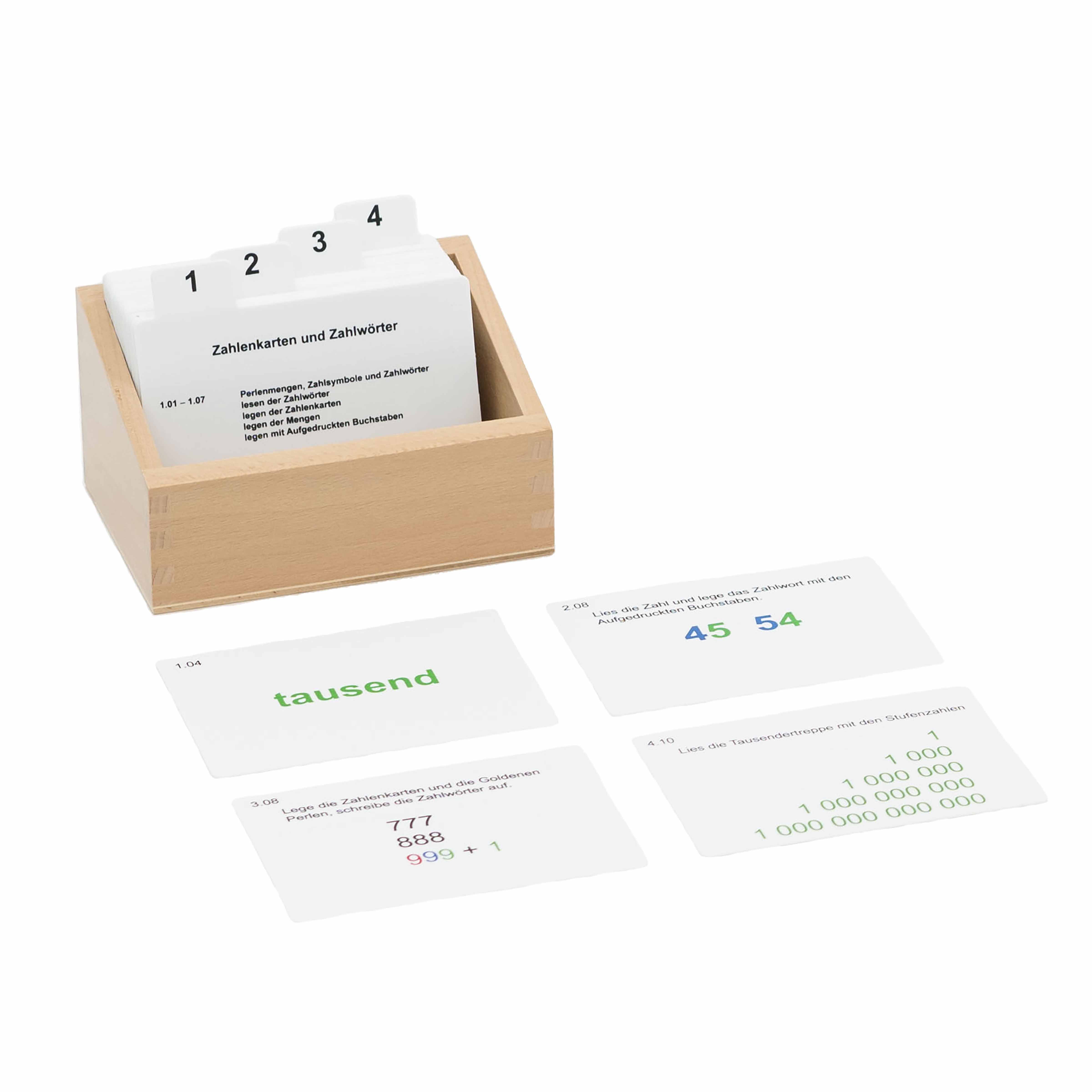 Kasten mit Aufgabenkarten für die Zahlenkarten - Montessori Mathematik
