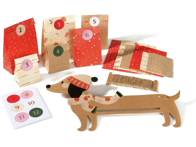 Bastelset Adventskalender Hund mit 24 Papiertüten zum Aufhängen