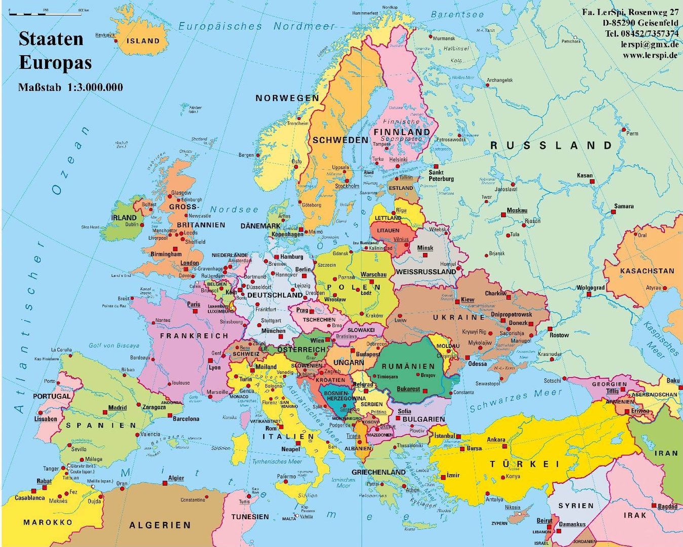 Leinenkarte in Schulausführung, Europa politisch, 150 x 120 cm
