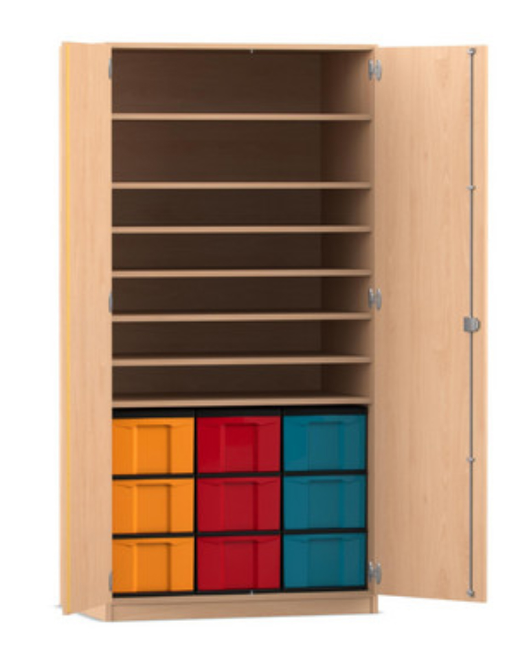 Flexeo Bastelschrank, Buche hell, 7 Fächer, 9 große Boxen, HxBxT: 190x94,4x60 cm, Dreholive