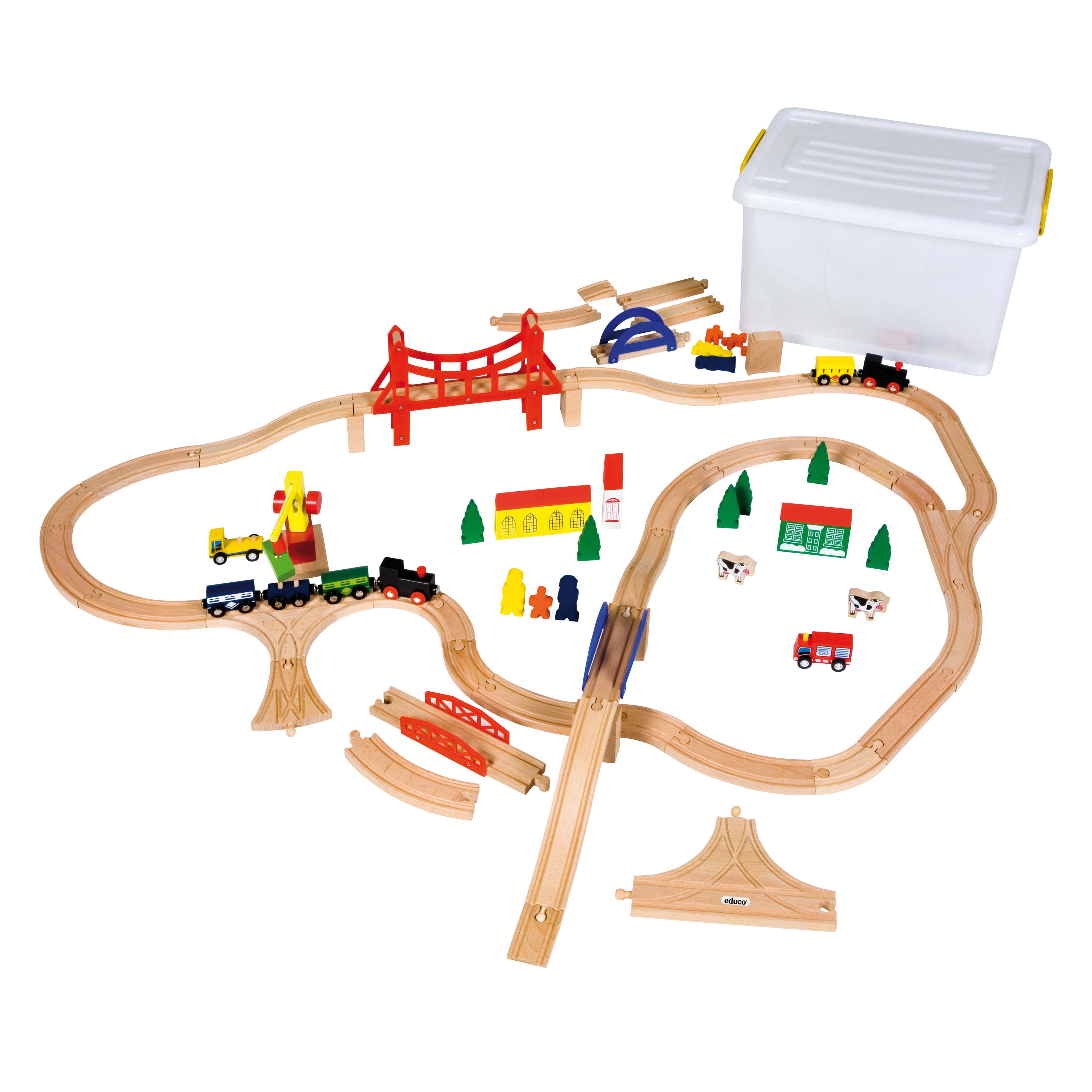 Eisenbahnset 116 Teile mit Gleisen, Brücken und Dorf, ab 3 Jahre
