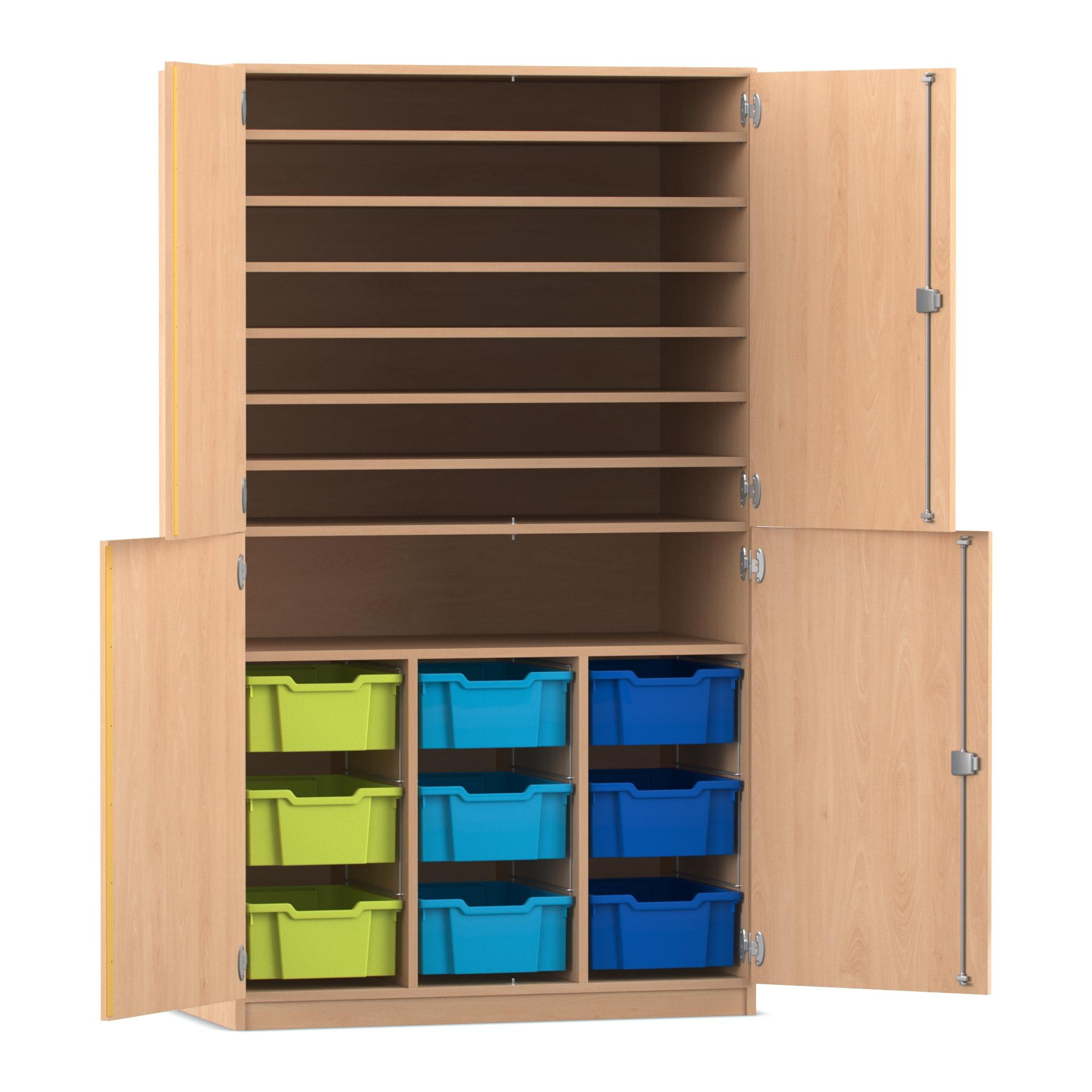 Flexeo Bastelschrank, Buche hell, HxBxT: 190x108,1x60 cm, 4 Halbtüren, 9 große Boxen bunt B, Dreholive
