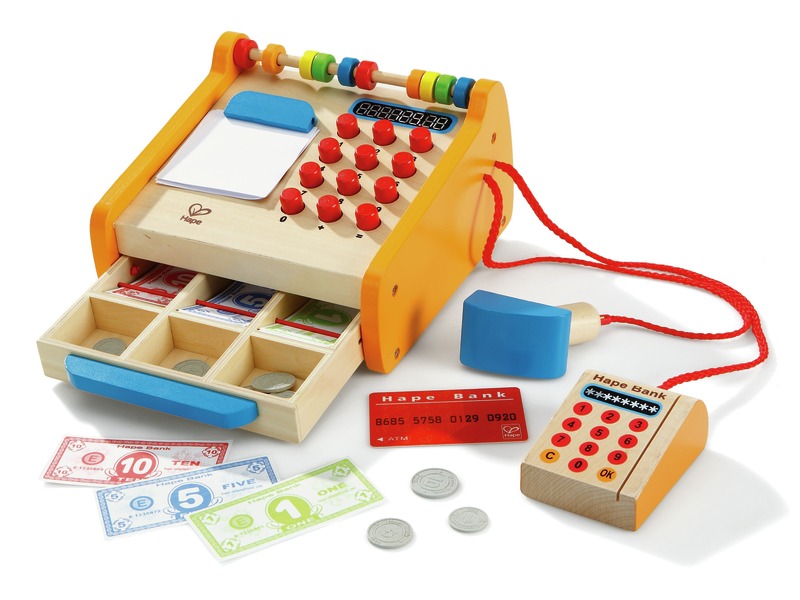 Ladenkasse aus Holz mit Scanner, Kartenlesegerät und Spielgeld, ab 3 Jahren