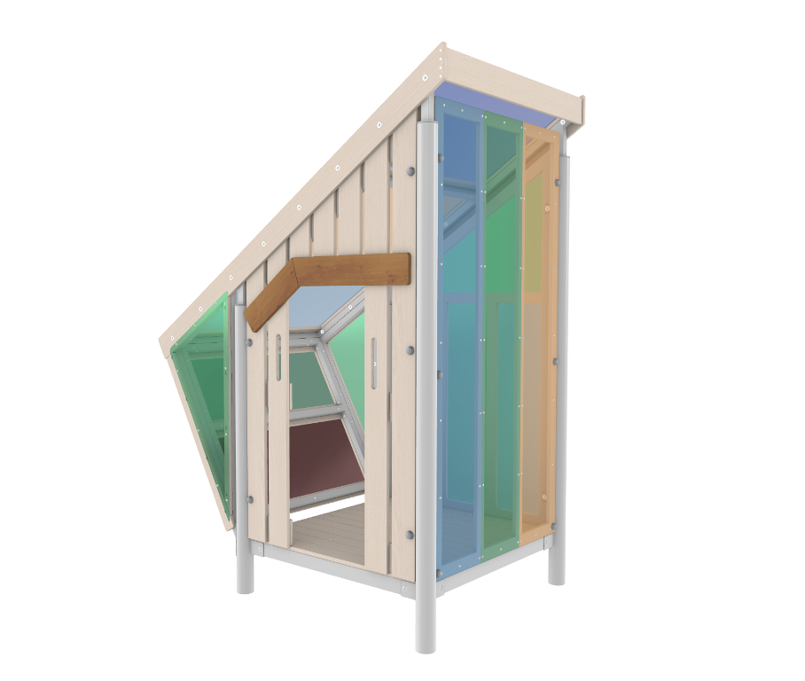 Regenbogen-Spielhaus, auf Stelzen, mit bunten XXL-Fenstern, aus Stahl und Holz, Outdoor