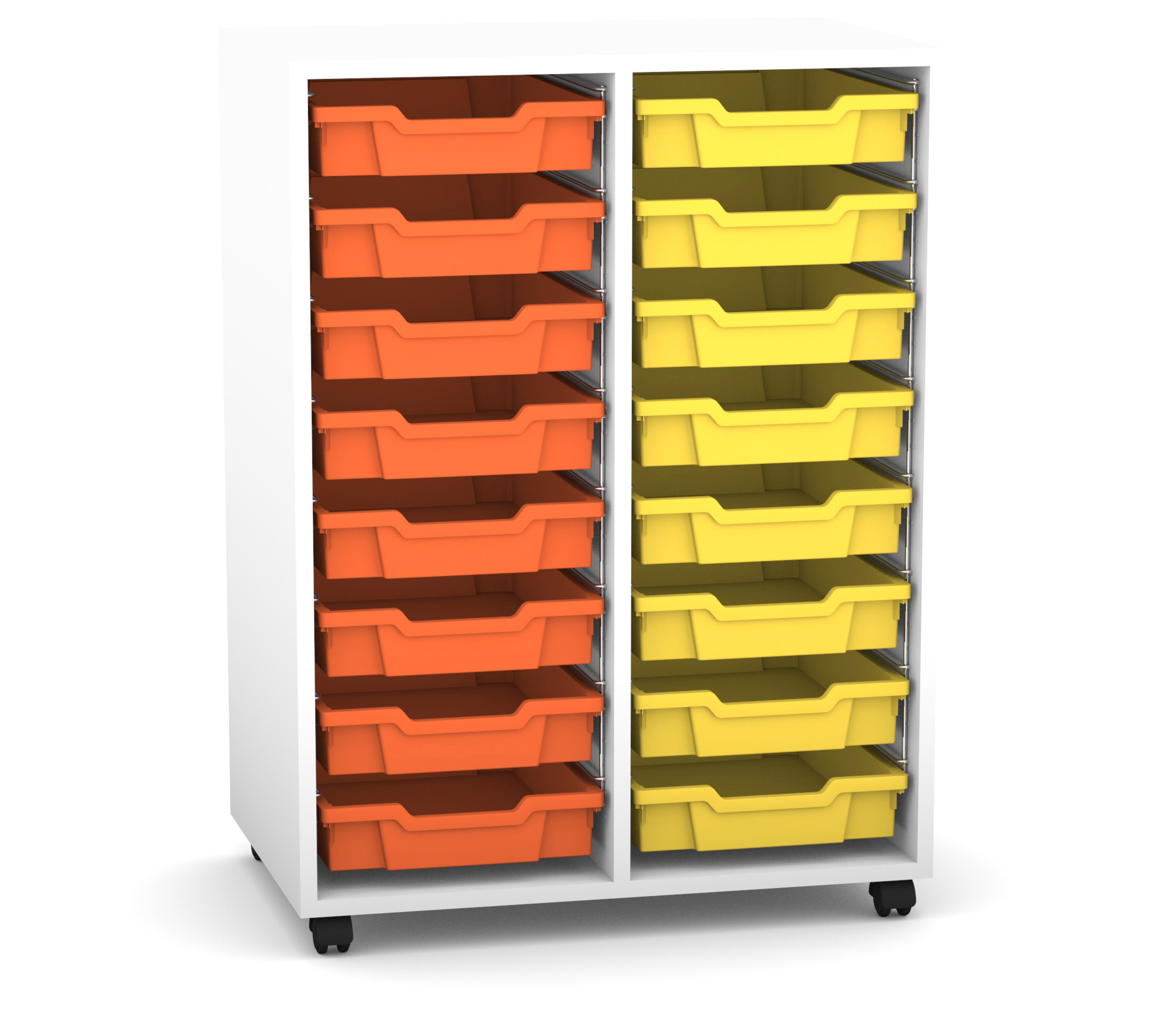 Flexeo Regal PRO mit 2 Reihen, Rollen, inkl. 16 kleine Boxen orange/gelb, Dekor: weiß