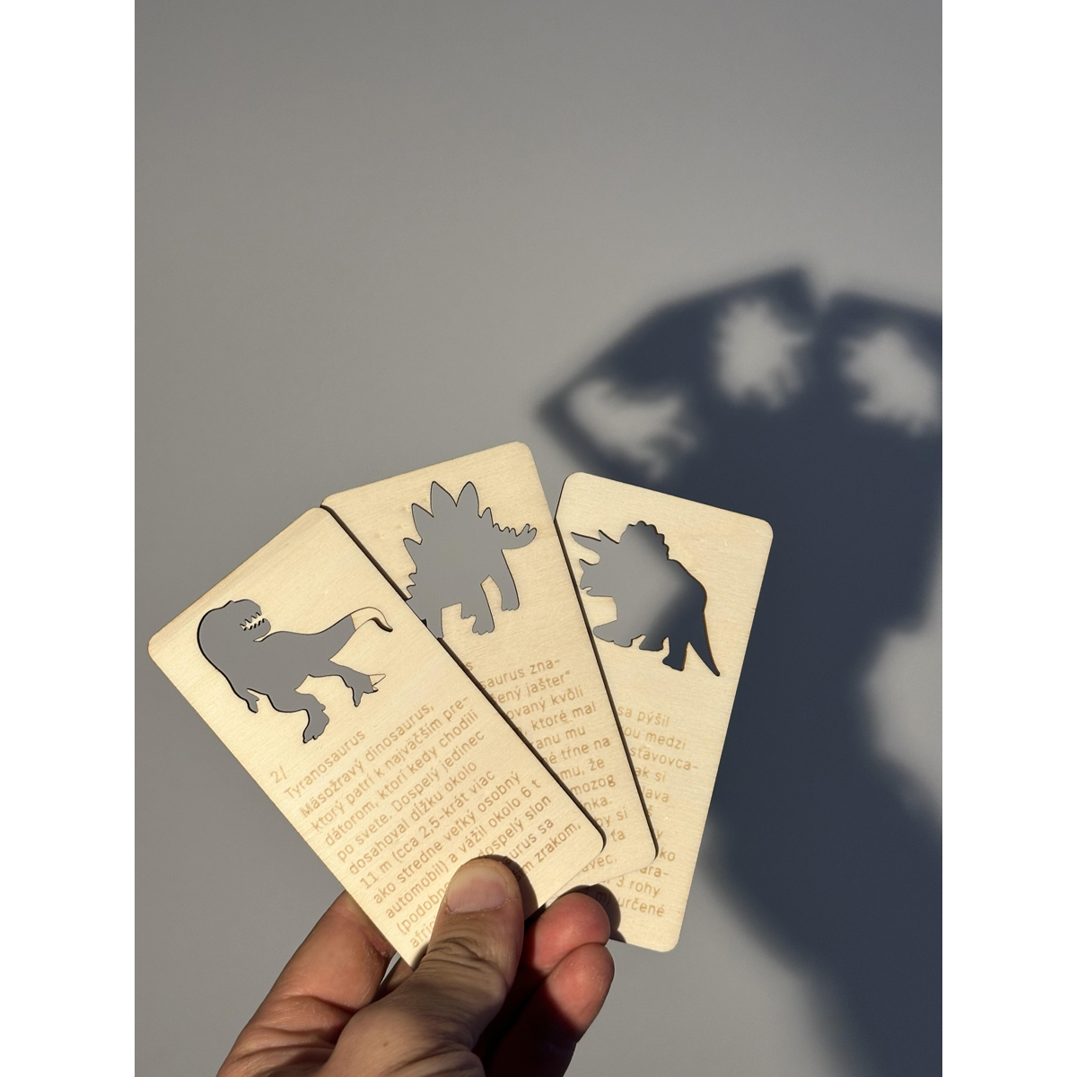 Schattenspiel Dinosaurier, 8 nummerierte Holzkarten, 6 x 12 x 0,3 cm