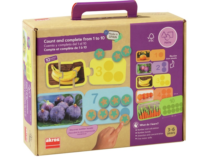 Zählspiel Zahlen 1 bis 10 zuordnen mit 10 Puzzles und 60 Chips, ab 3 Jahren