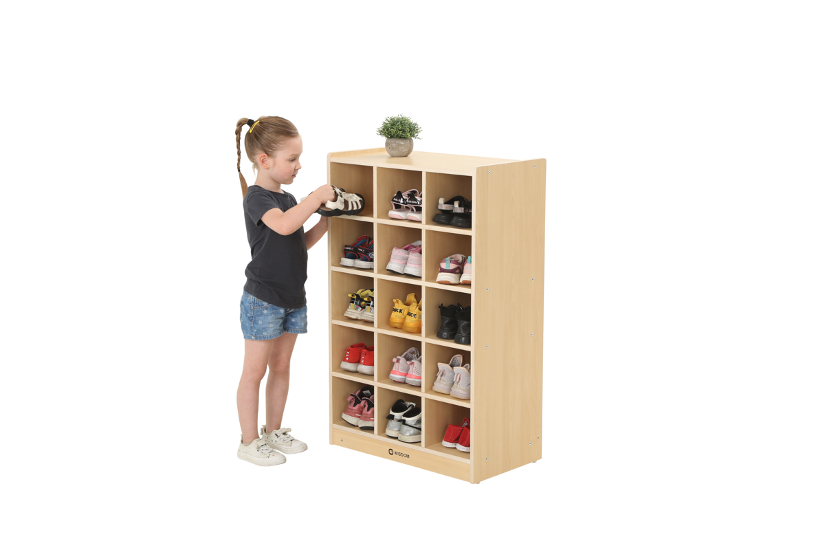 Kinder-Schuhregal, hoch, 15 Fächer, 64x35x100 cm, Ahorn