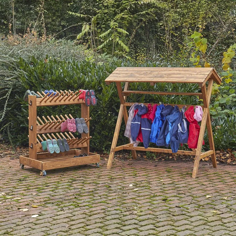 Kinder-Garderobe und fahrbarer Stiefelwagen, aus Holz, Outdoor