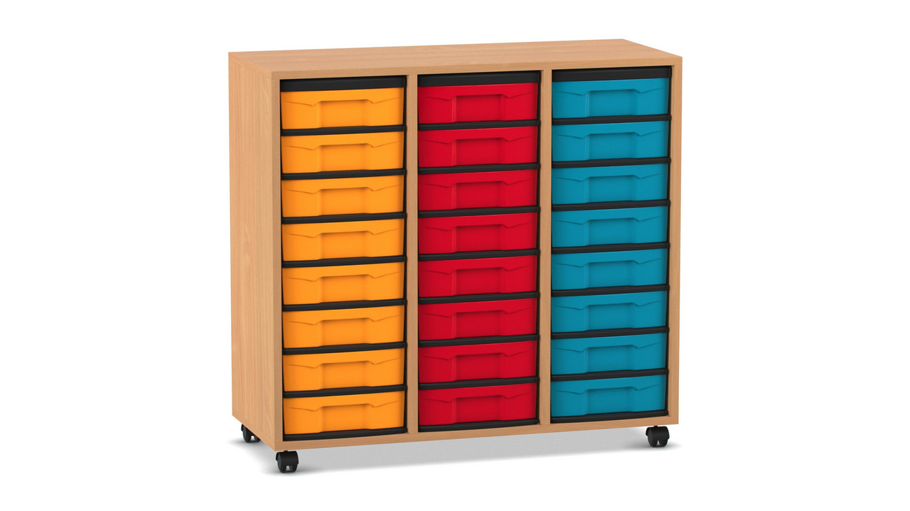 Flexeo Regal, Buche dunkel, 3 Reihen, 24 kleine Boxen bunt, Rollen, Höhe 92,3 cm