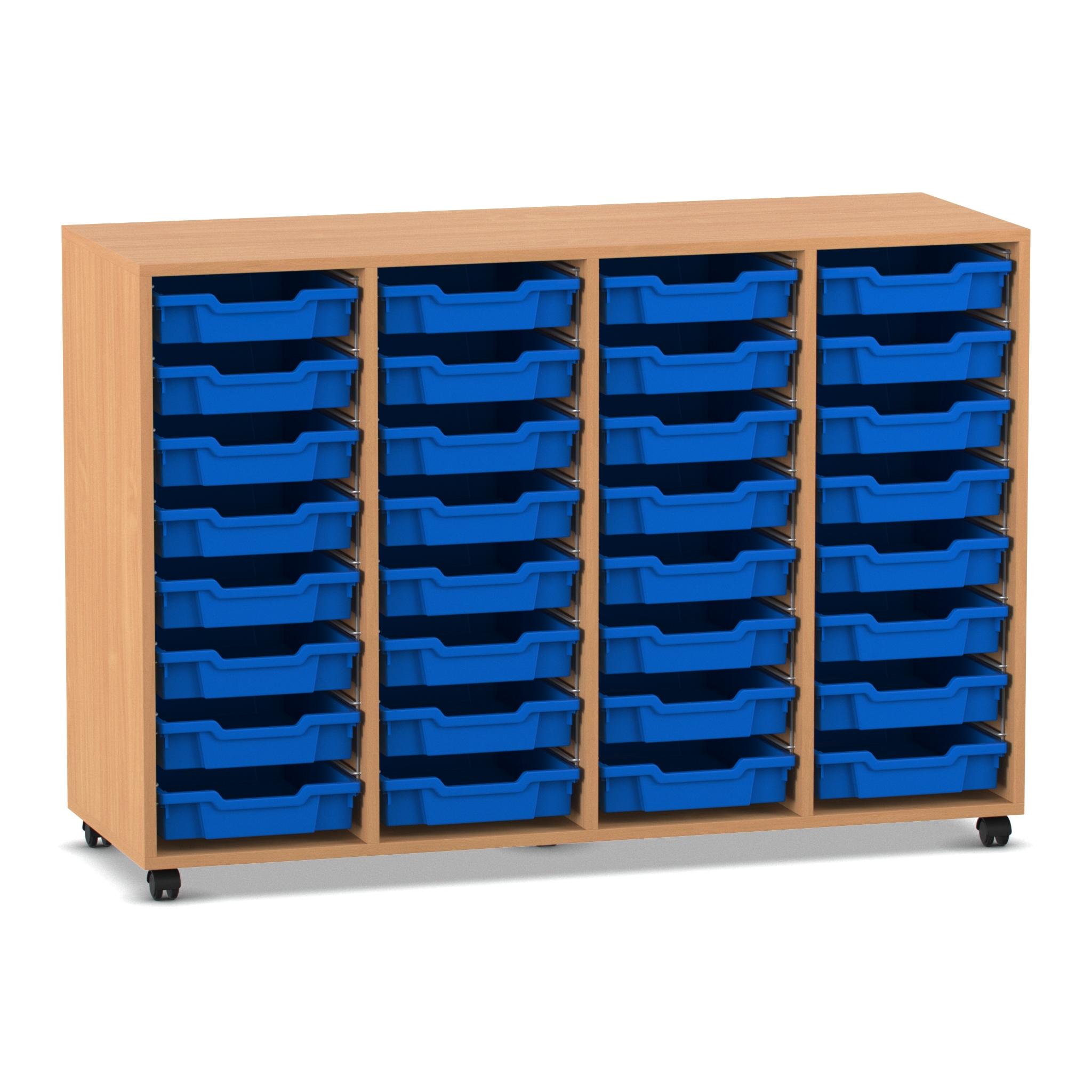 Flexeo® Regal PRO, Buche dunkel, HxBxT: 99.1 x 143.9 x 48 cm, 4 Reihen, 32 kleine Boxen dunkelblau, Rollen