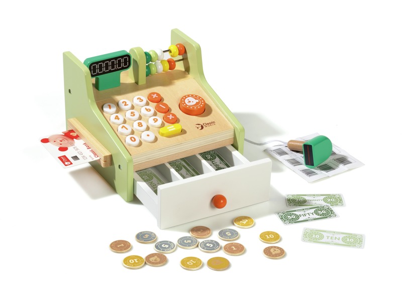 Registrierkasse aus Holz mit Scanner und Spielgeld, Kaufladen, ab 3 Jahren