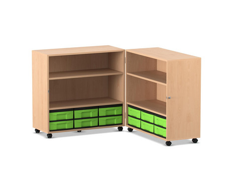 Flexeo Klappwagen Fahrbibliothek, Buche hell, Höhe 92,3 cm, 12 kleine Boxen grün