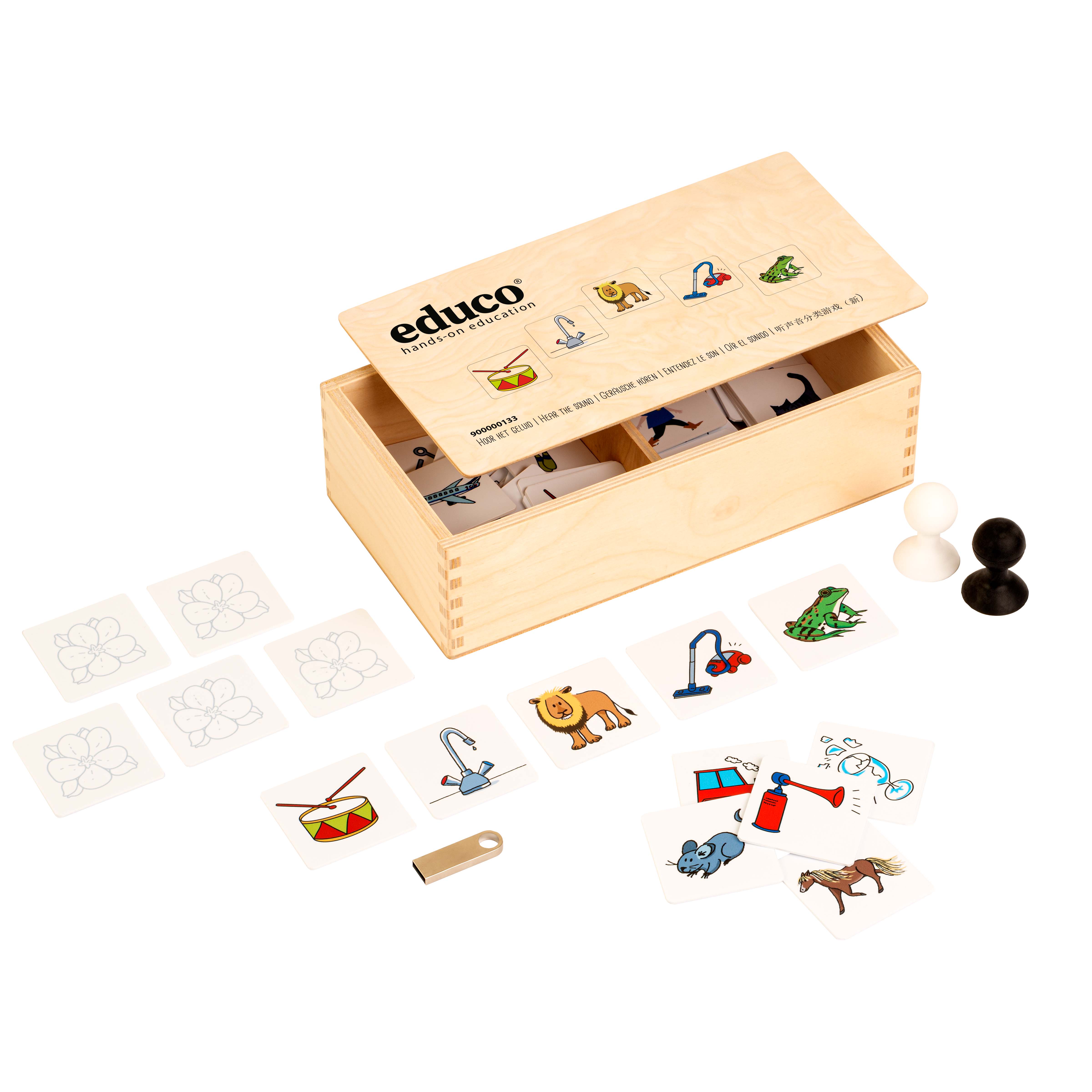 Höre das Geräusch – Hörspiel aus Holz mit Sound-USB-Stick