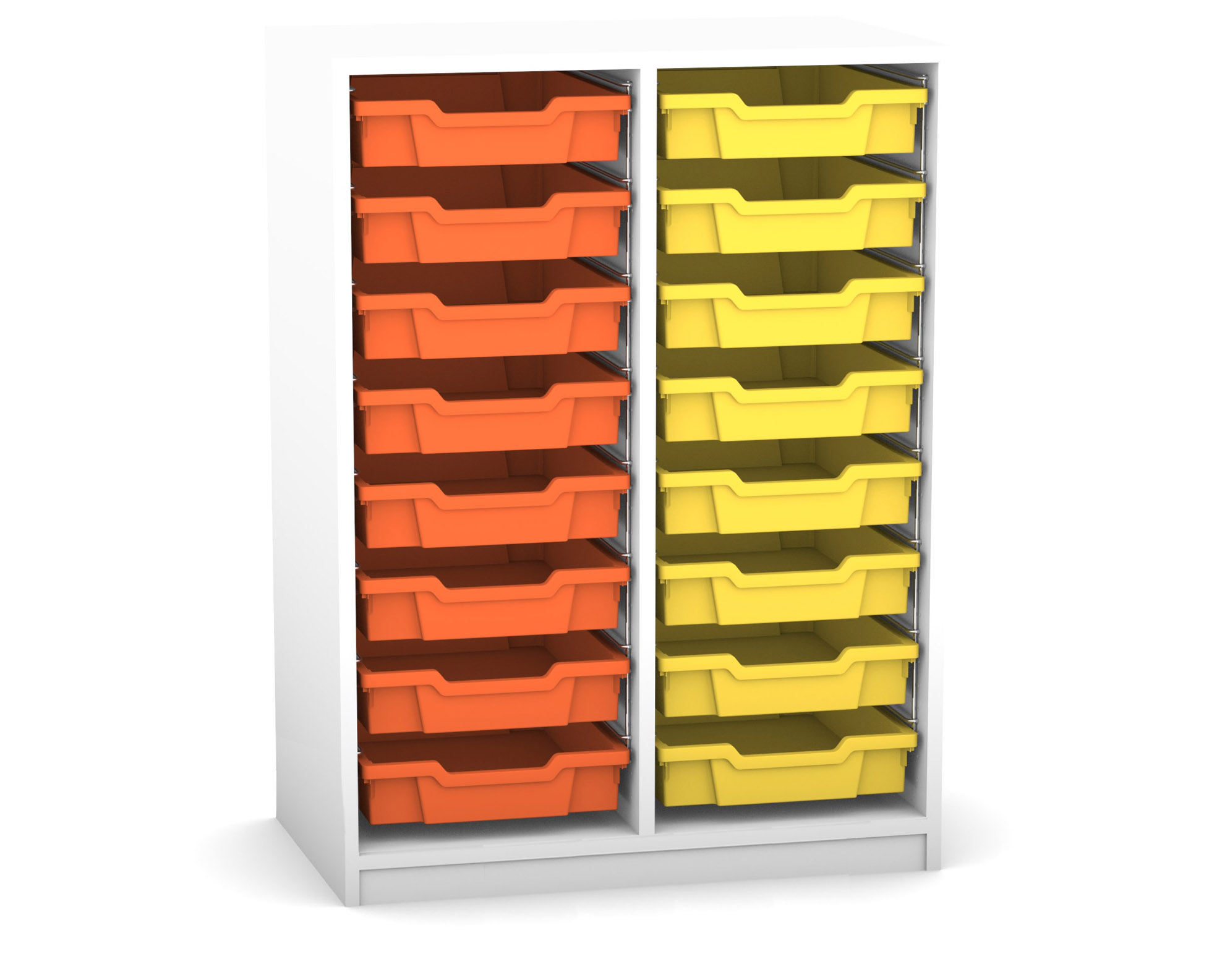 Flexeo Regal PRO mit 2 Reihen und 16 kleinen Boxen Dekor weiß, Sockel, Boxen orange gelb
