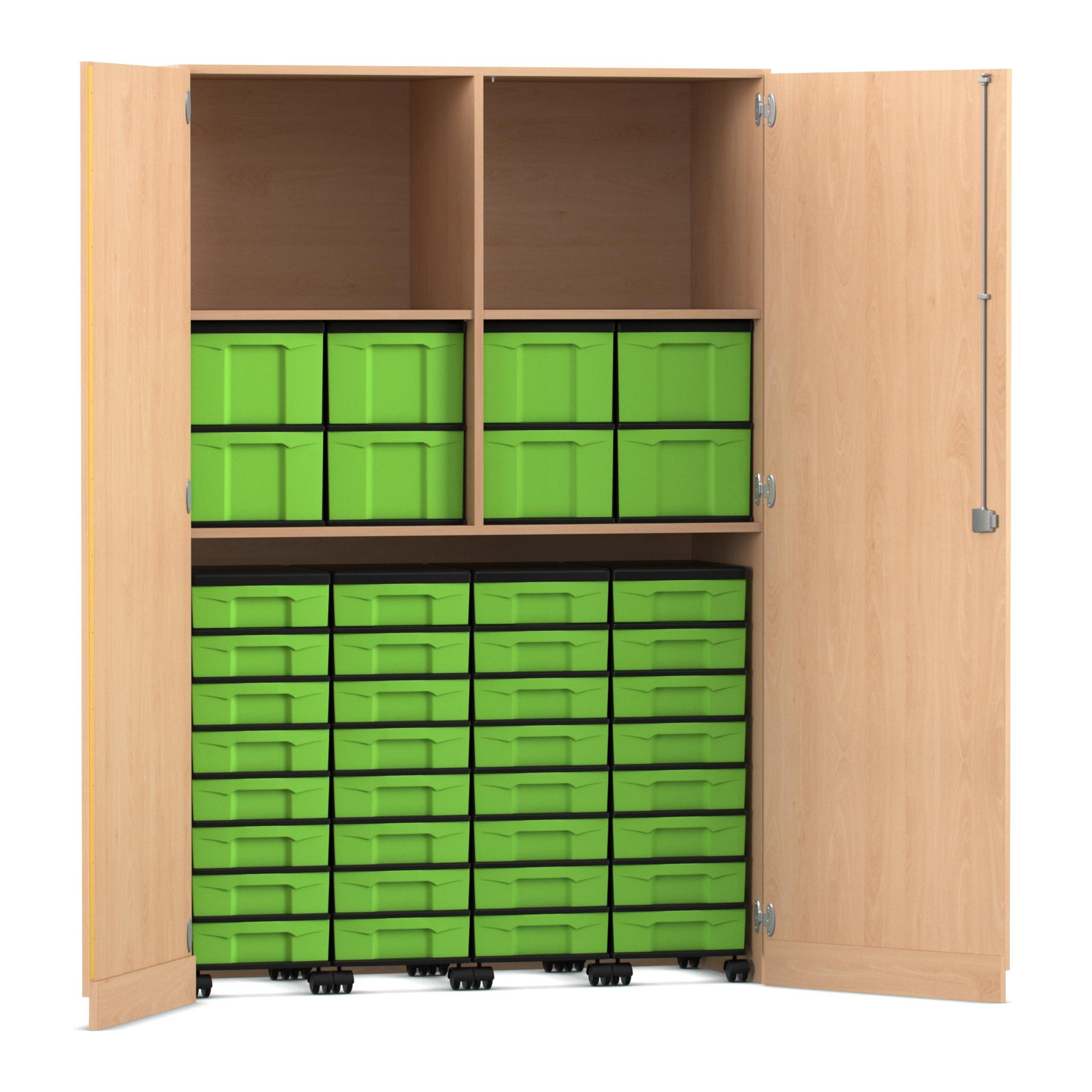 Flexeo Garagenschrank, Buche hell, HxBxT: 190 x 126,4 x 60 cm, 2 Fächer, 4 Rollcontainer, 32 kleine und 8 große Boxen grün, Bogengriff mit Schloss