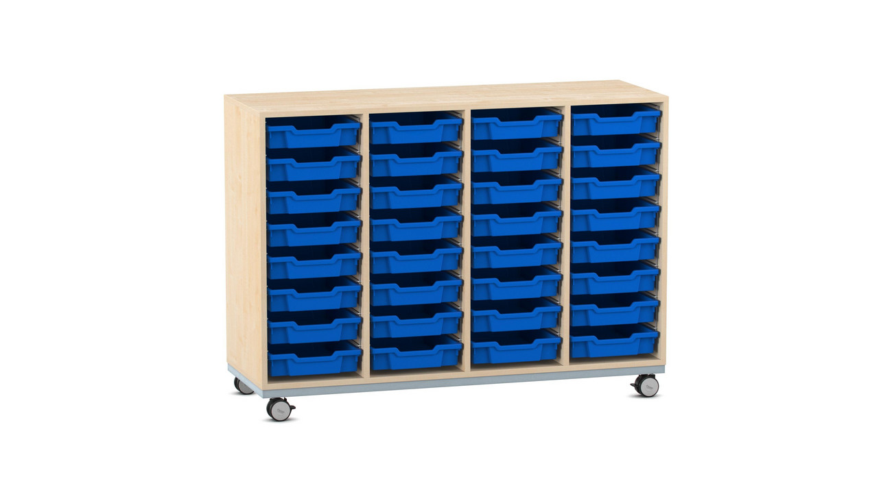 Flexeo® Regal Pro mit Stahlrahmen, Ahorn honig, 4 Reihen, 32 Boxen dunkelblau