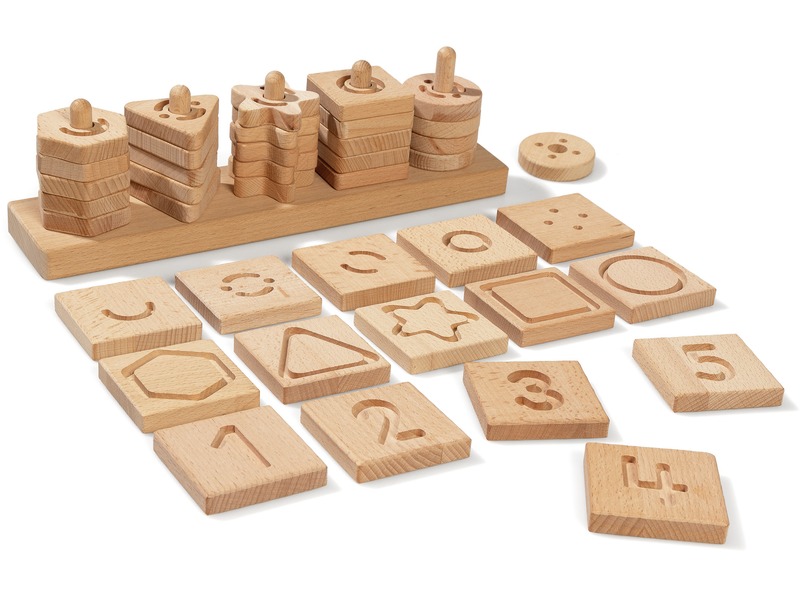 Abakus mit geometrischen und taktilen Formen aus Holz, ab 2 Jahren