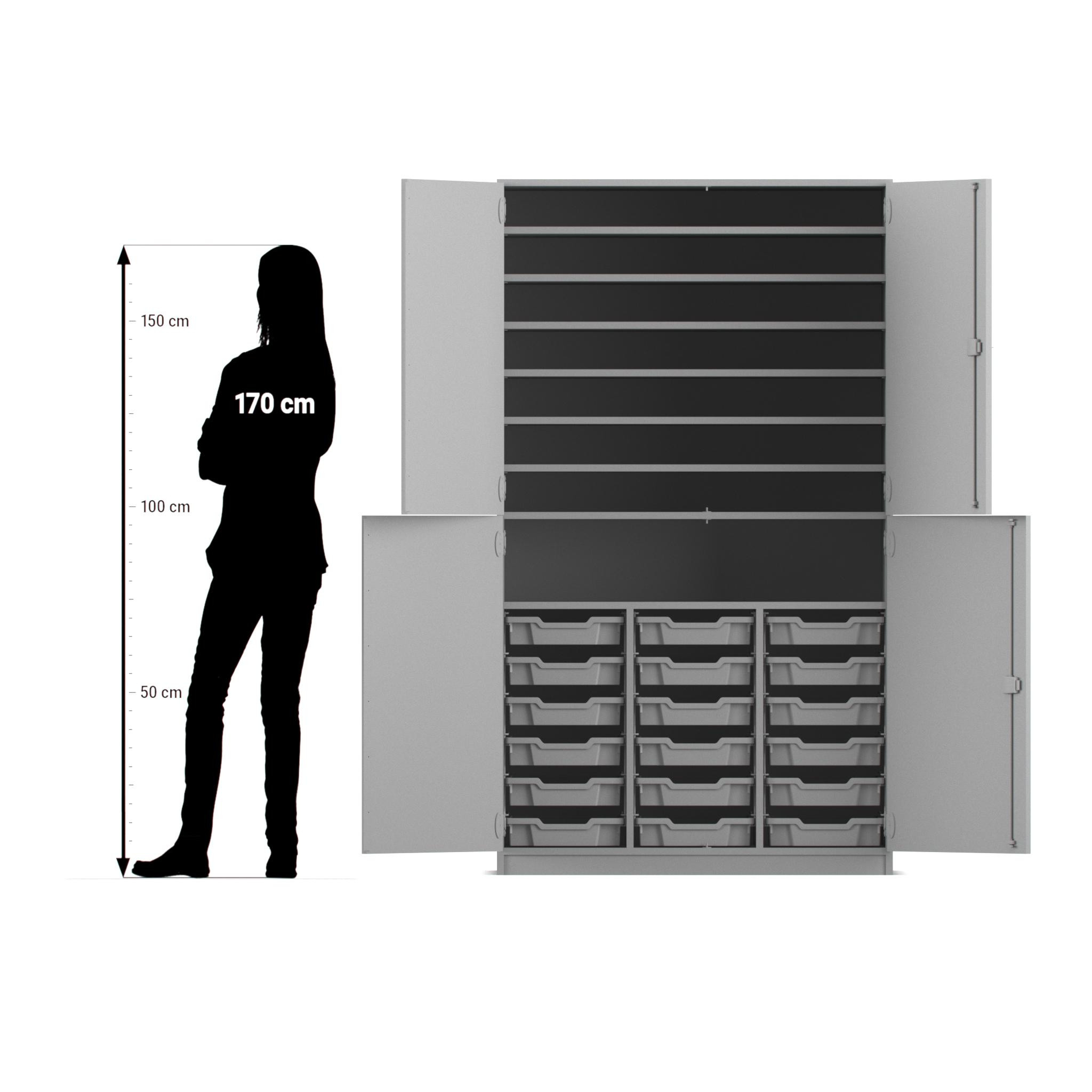 Flexeo Bastelschrank, Buche hell, HxBxT: 190 x 108,1 x 60 cm, 4 Halbtüren, 18 kleine Boxen transparent, Bogengriff mit Schloss