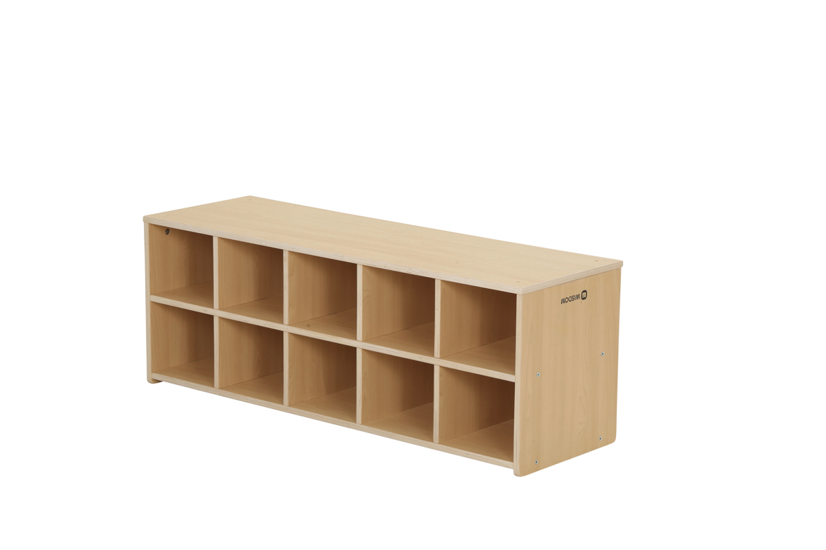 Kinder-Schuhregal, niedrig, 10 Fächer, 110x30x40 cm, Ahorn