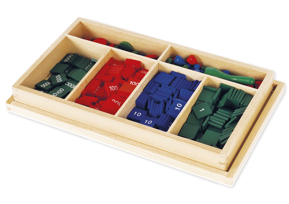 Montessori Markenspiel mit Zahlenplättchen, Spielfiguren und Chips