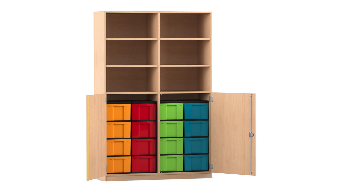 Flexeo® Schrank, Buche hell, HxBxT: 190x126,4x60 cm, 16 große Boxen bunt, 6 Fächer, Mittelwand, 2 Halbtüren, Schloss