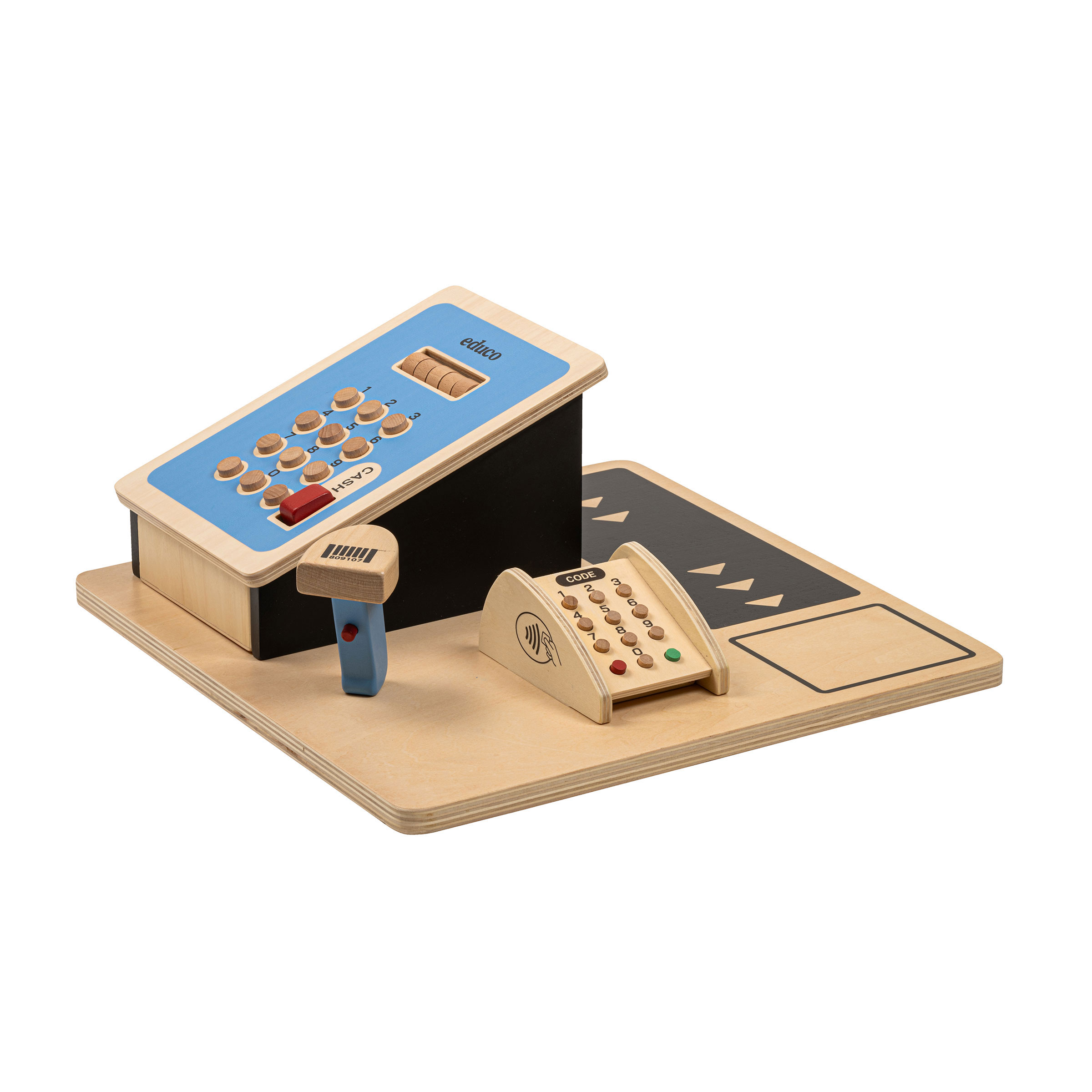 Kaufladenkasse aus Holz – mit Kartenterminal und Scanner