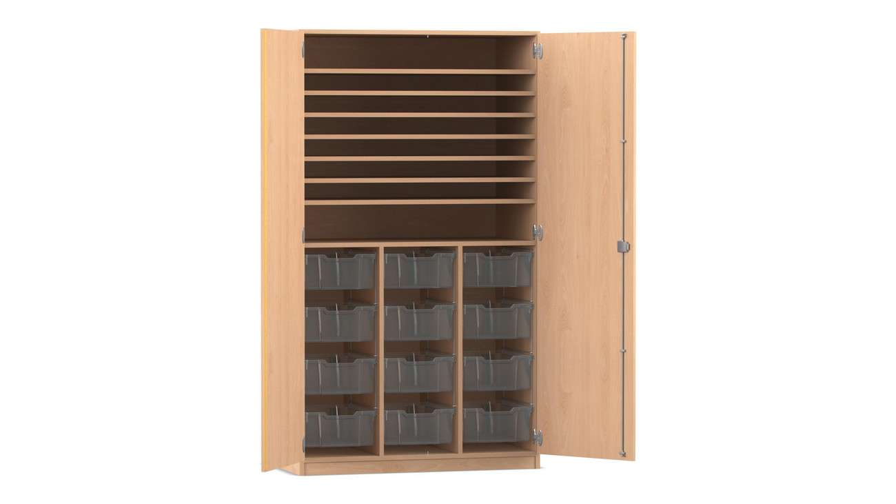 Flexeo Bastelschrank, Buche hell, 12 große Boxen transparent, HxBxT: 190 x 108,1 x 60 cm, Bogengriff mit Schloss