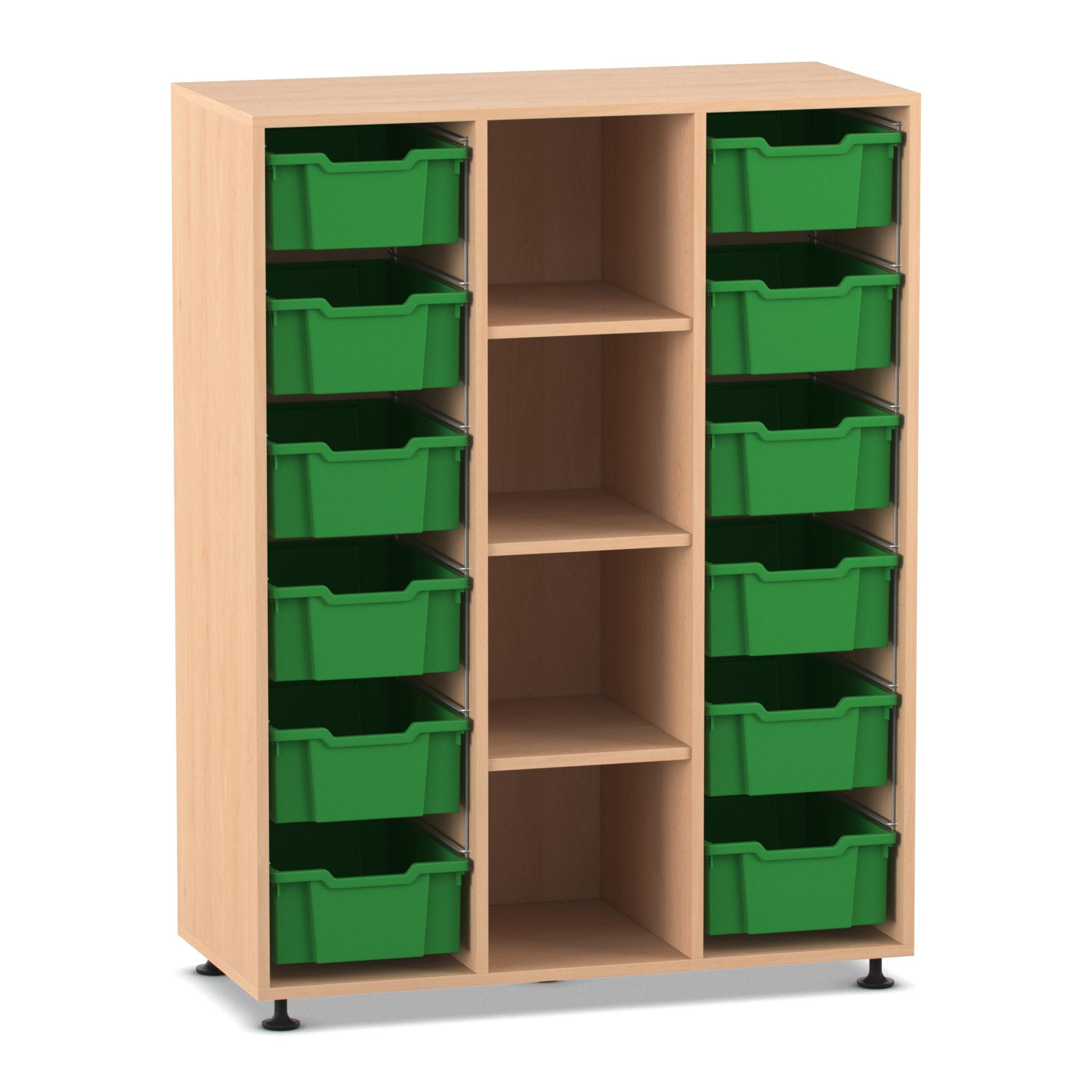 Flexeo Regal PRO, Buche hell, HxBxT: 143,9 x 108,5 x 48 cm, 3 Reihen, 12 große Boxen grün
