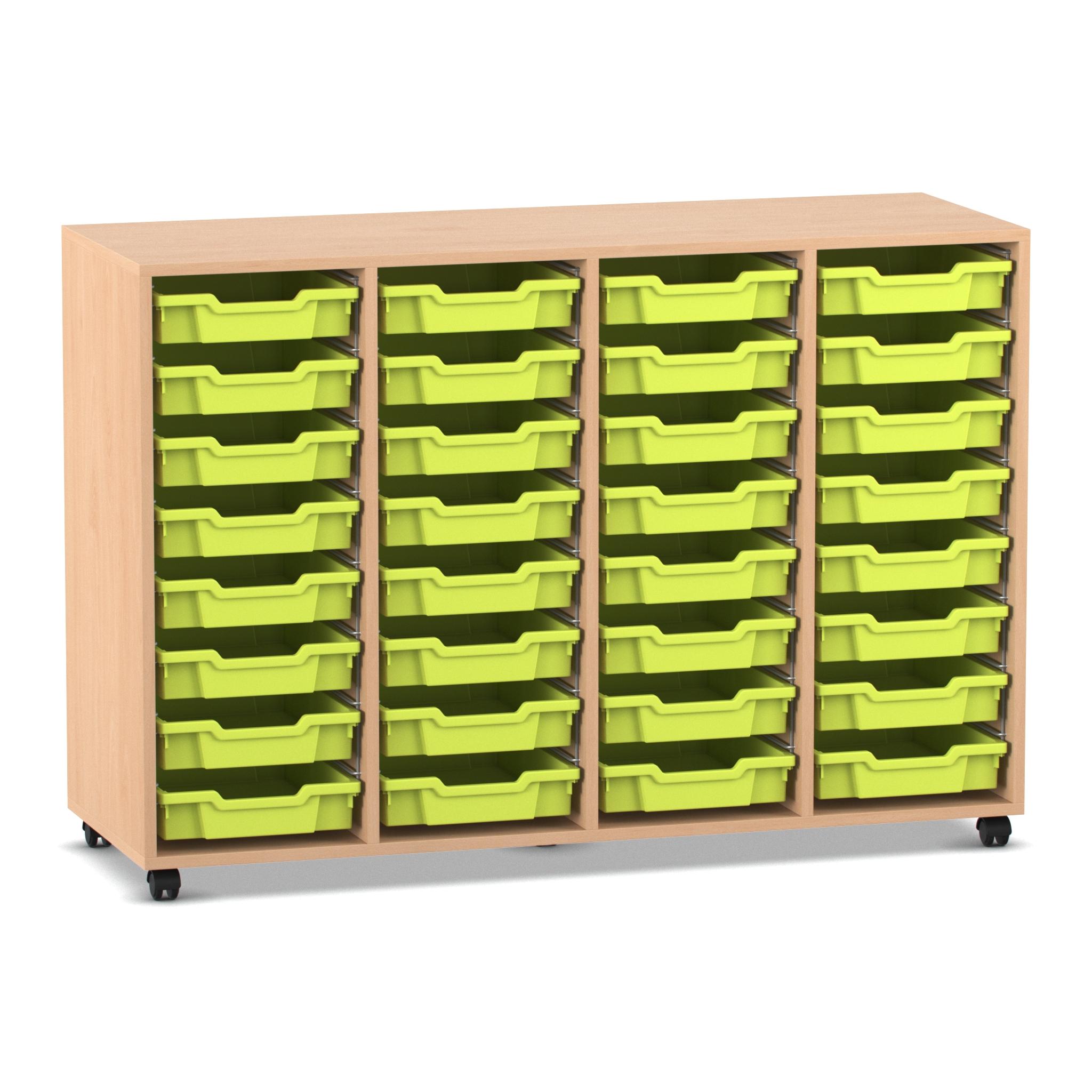 Flexeo Regal PRO, HxBxT: 99.1 x 143.9 x 48 cm, mit 4 Reihen und 32 kleinen Boxen Dekor Buche hell, Stellfüße, Boxen hellgrün