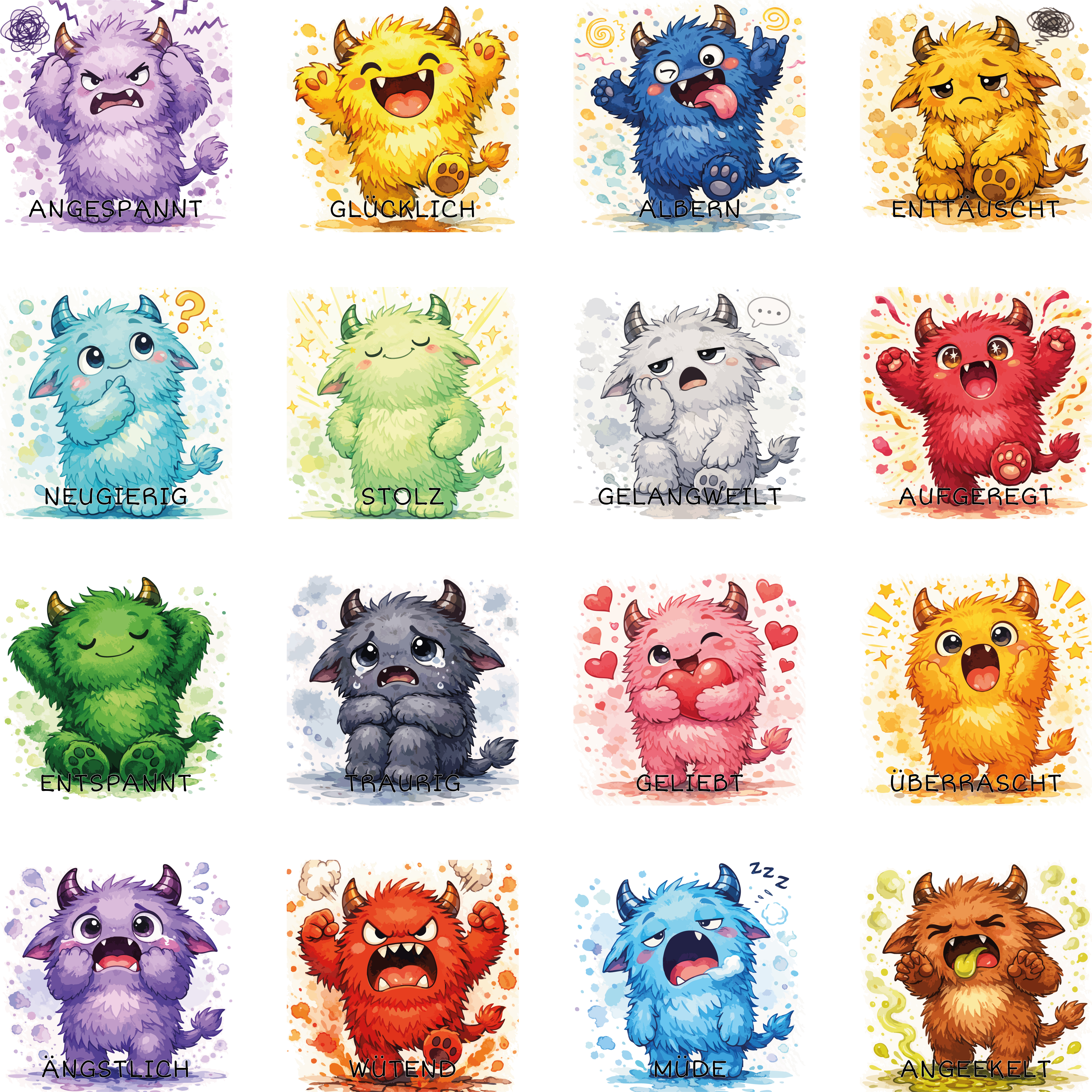 Sitz-Teppichfliesen Emotionen, 16 Monster mit verschiedenen Gefühlen, für Kinder, 34 x 34 cm