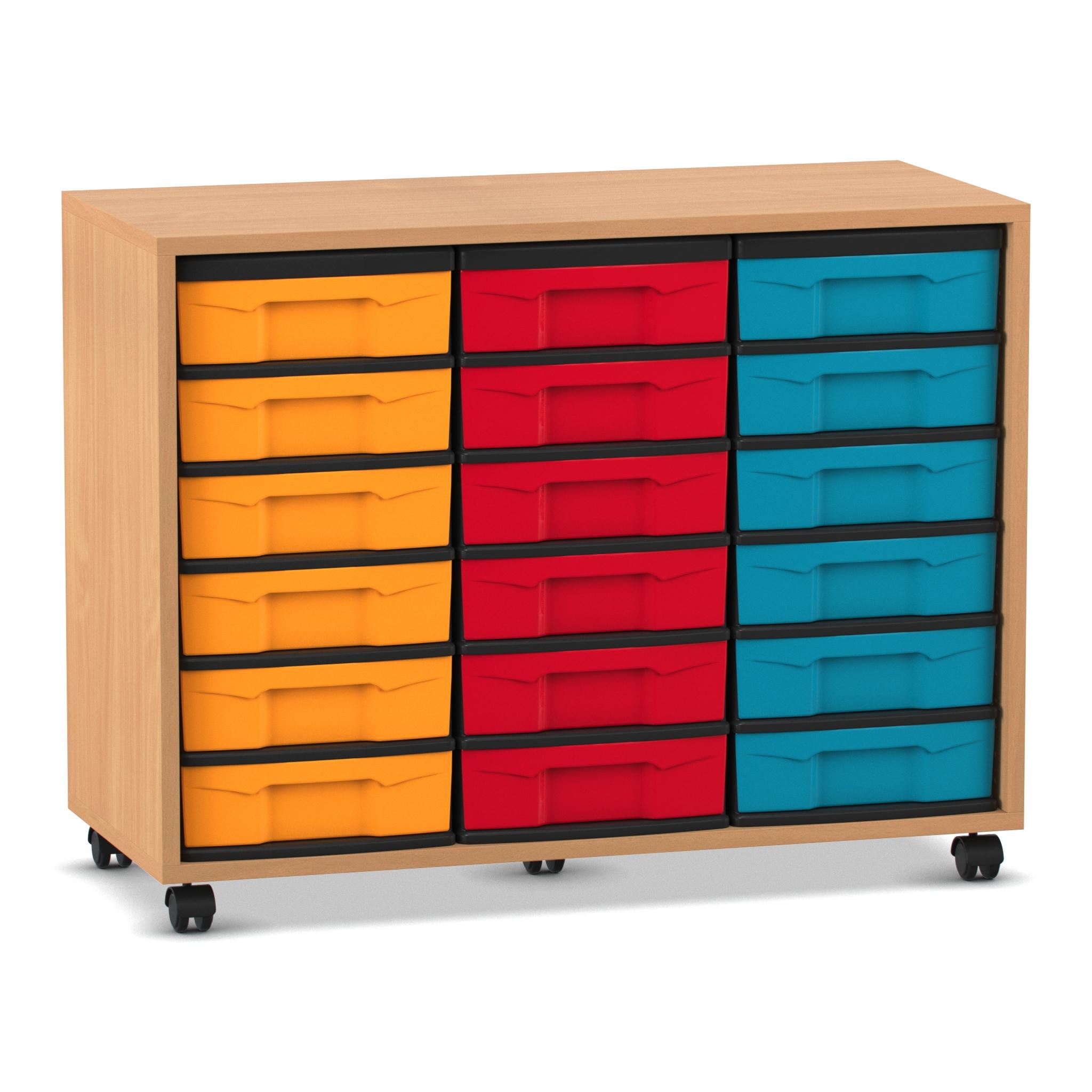 Flexeo® Regal, Buche hell mit 3 Reihen, Boxen bunt, Stellfüße, HxBxT: 72,8x94,8x40,8 cm