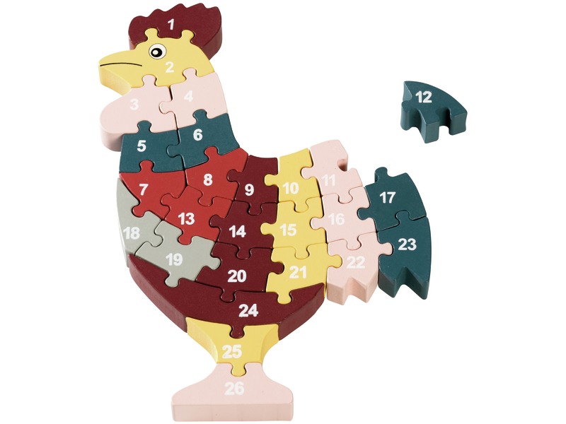 Zahlen- und Buchstabenpuzzle Hahn aus Holz, ab 3 Jahren