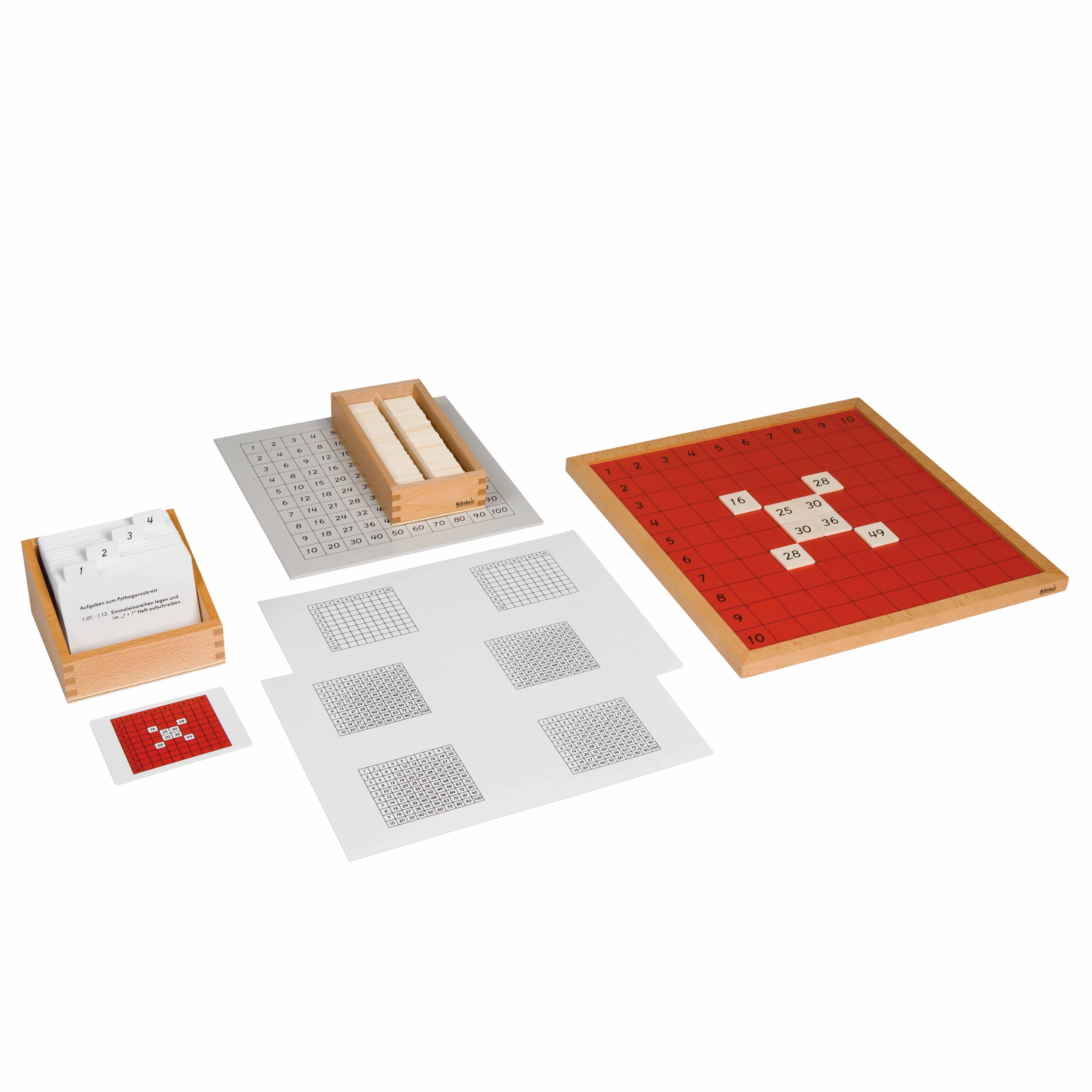 Kasten mit Aufgabenkarten für das Pythagorasbrett - Montessori Mathematik