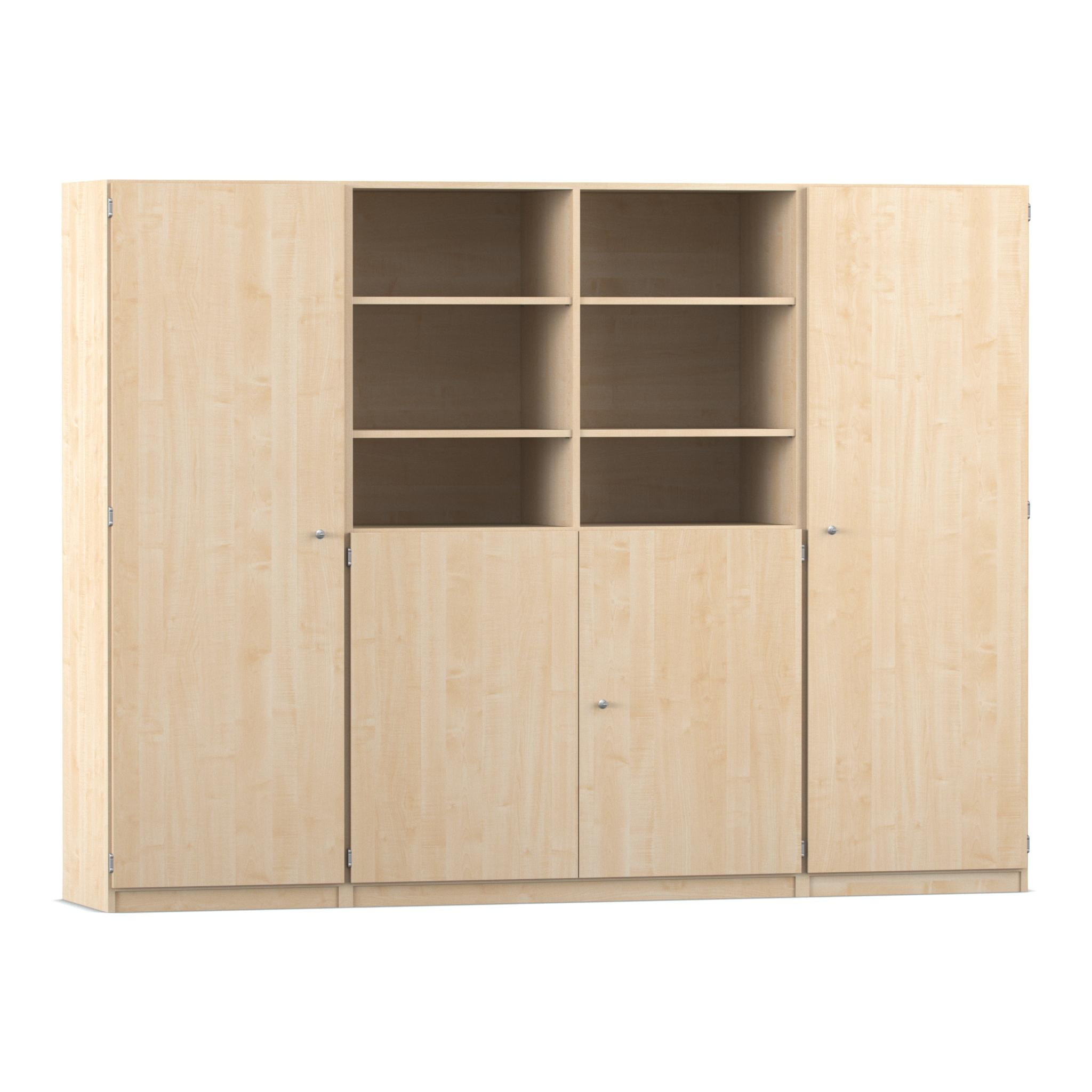 Flexeo Systemschrankwand Jupiter, Ahorn honig, HxBxT: 190 x 254,6 x 50 cm, 32 kleine Boxen transparent, 4 Türen, Bogengriff mit Schloss