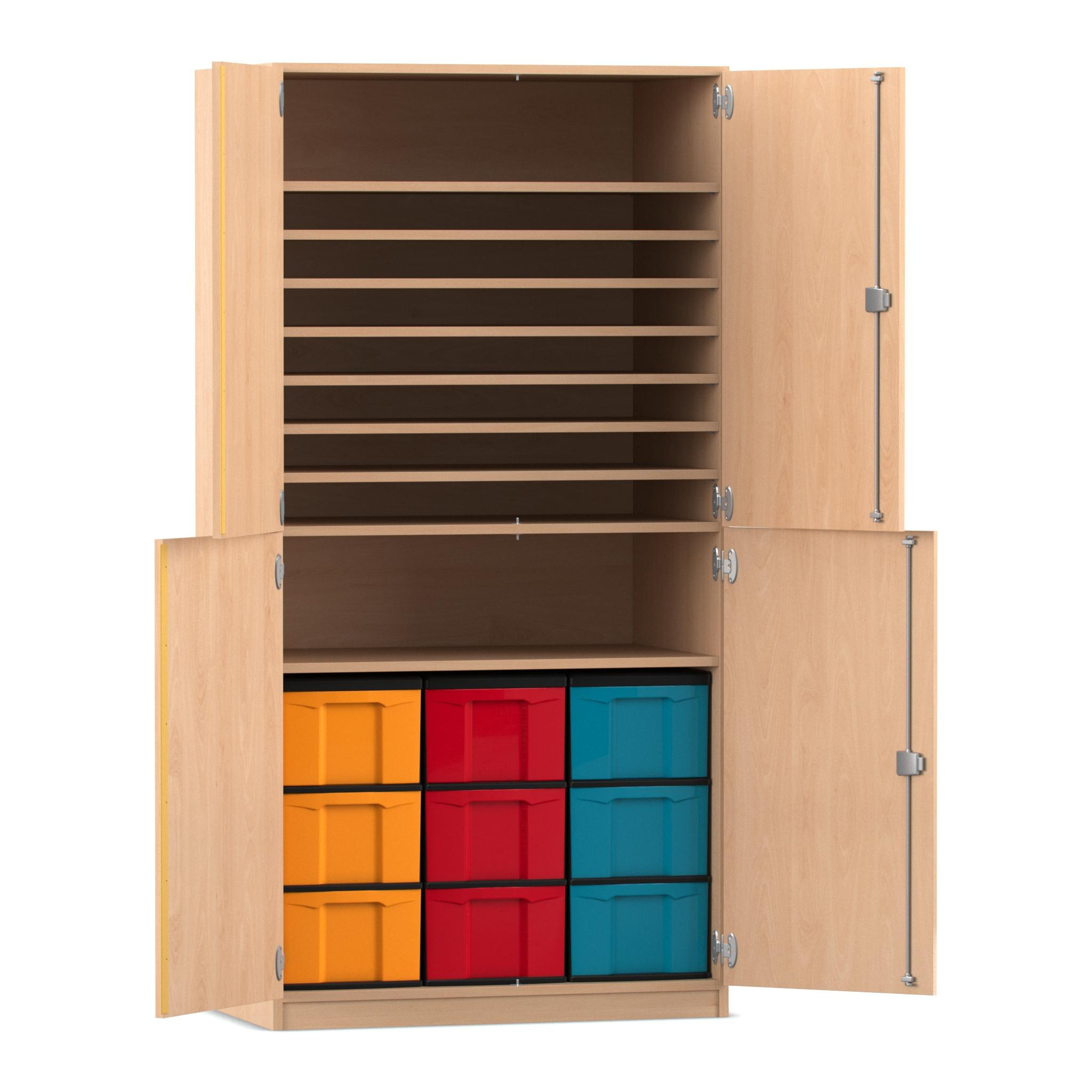 Flexeo Bastelschrank, Buche hell, BxHxT: 94,4 x 190 x 60 cm, 9 große Boxen bunt, Dreholive