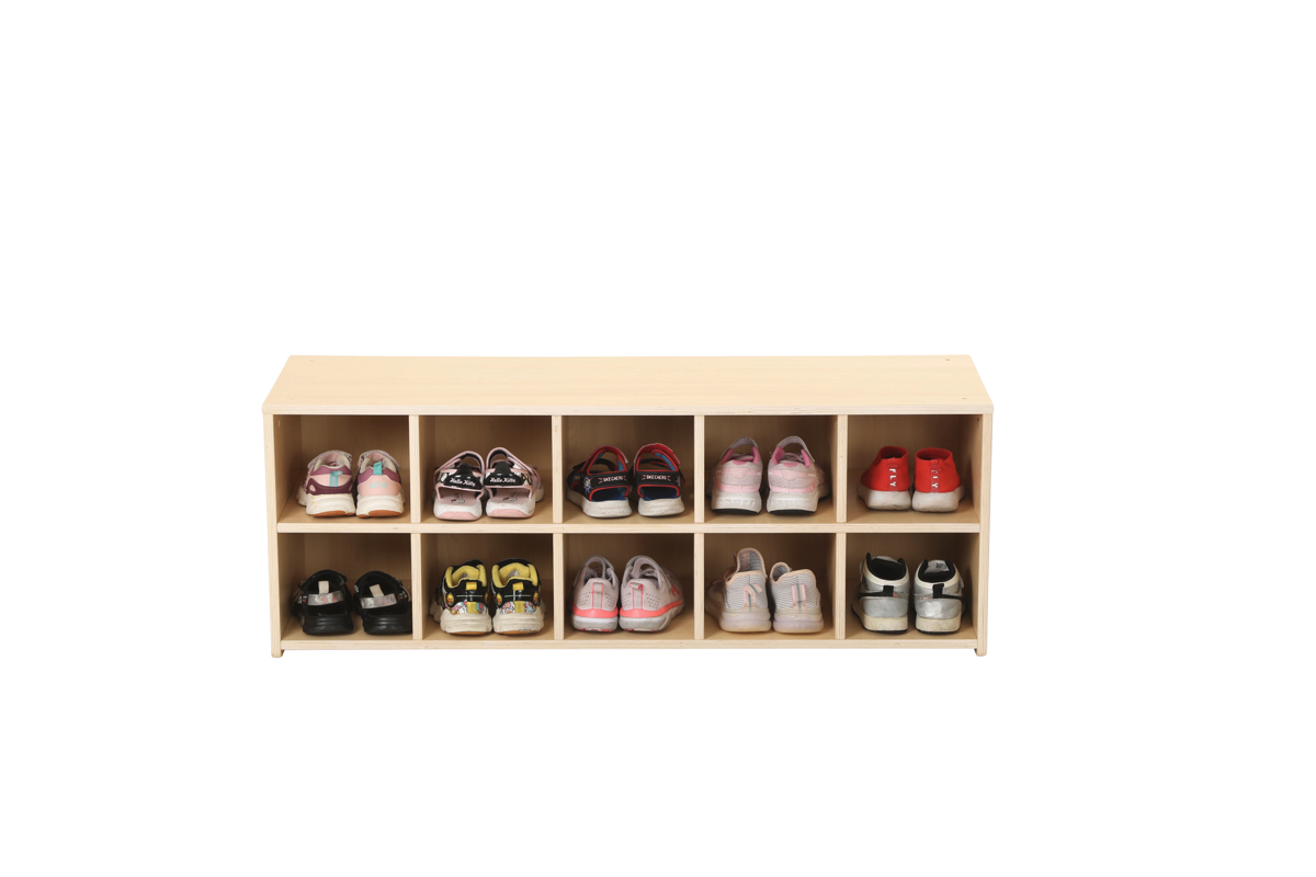 Kinder-Schuhregal, niedrig, 10 Fächer, 110x30x40 cm, Ahorn